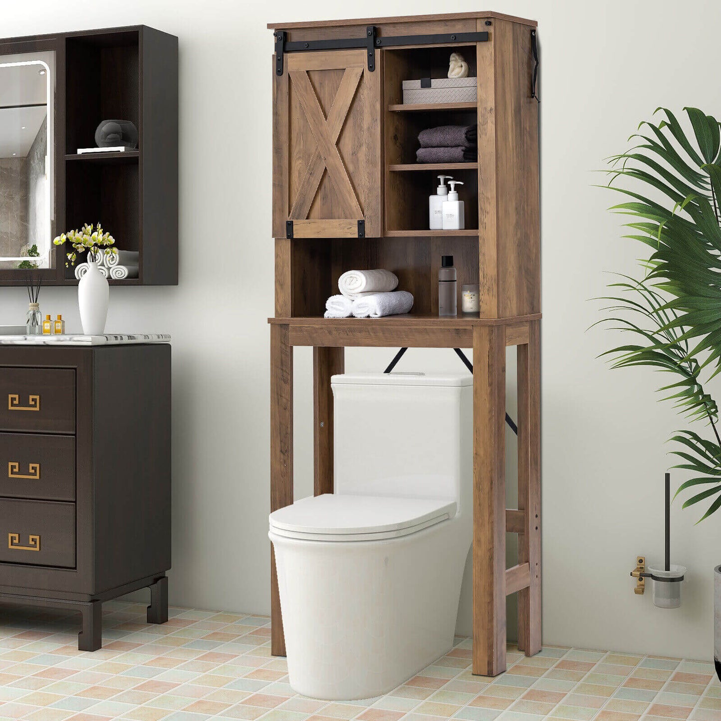 Rustic Bathroom Storage Cabinet with Sliding Barn Door & Adjustable Shelves