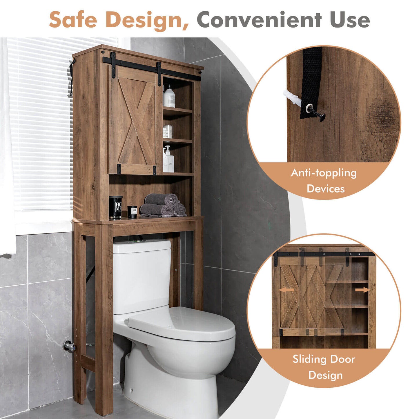 Rustic Bathroom Storage Cabinet with Sliding Barn Door & Adjustable Shelves