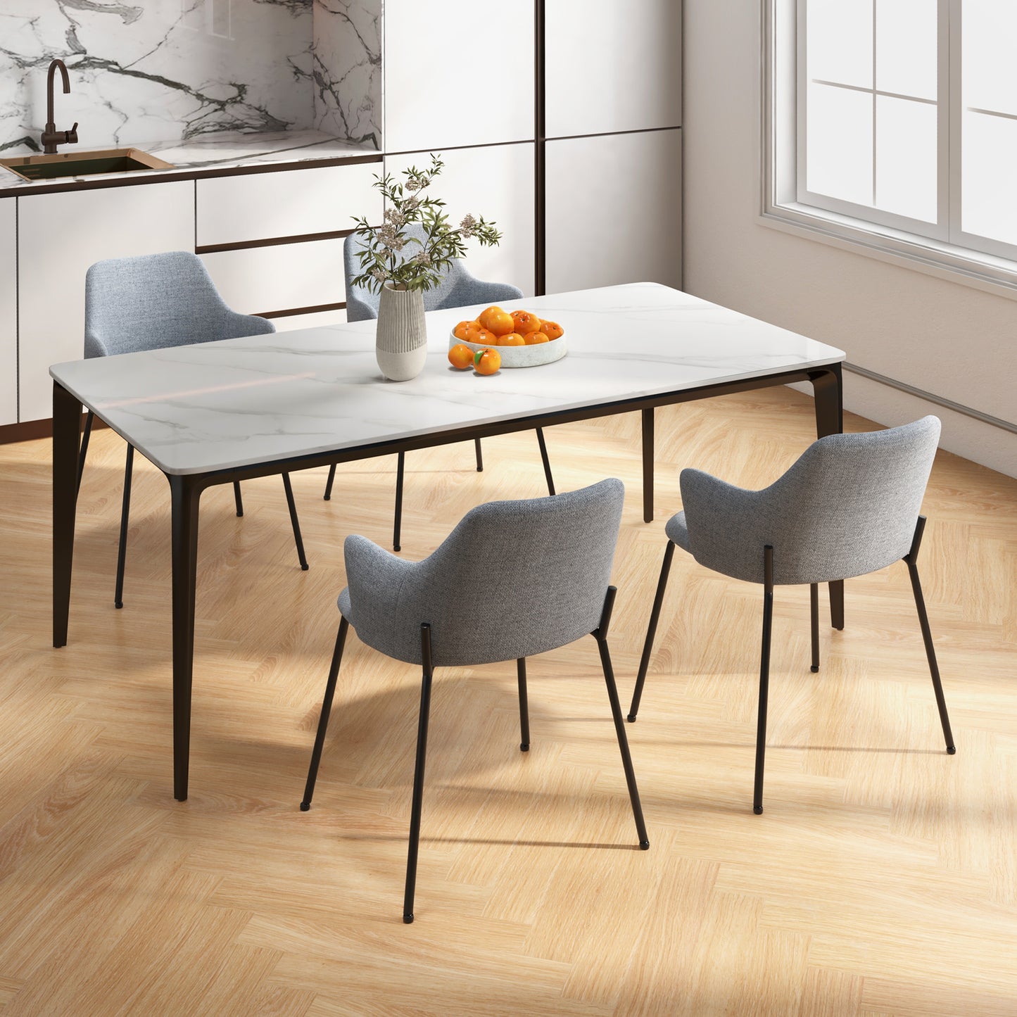 Ergonomic Dining Chairs with Curved Backrest, Wide Seat and Armrests in Grey – Set of 2