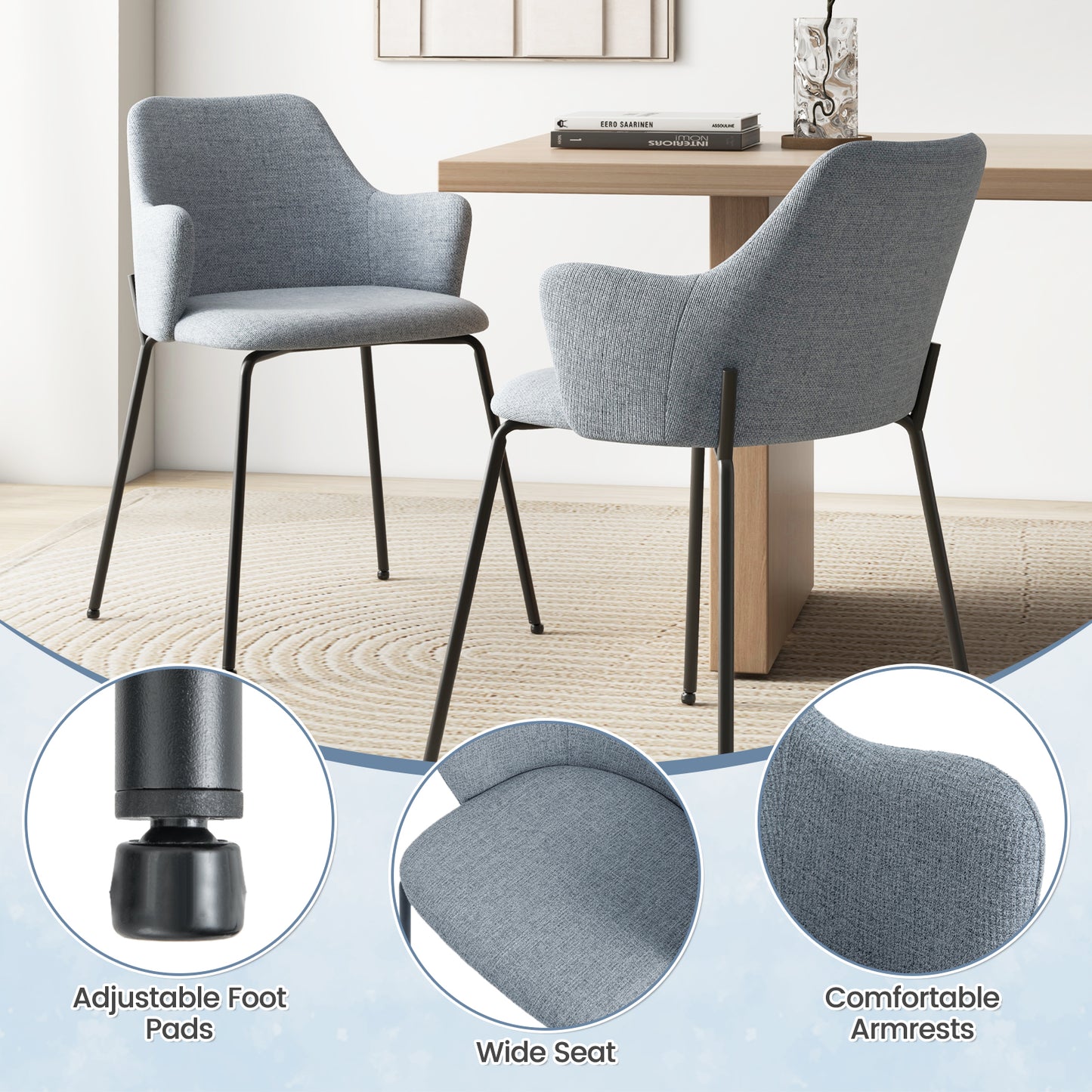 Ergonomic Dining Chairs with Curved Backrest, Wide Seat and Armrests in Grey – Set of 2
