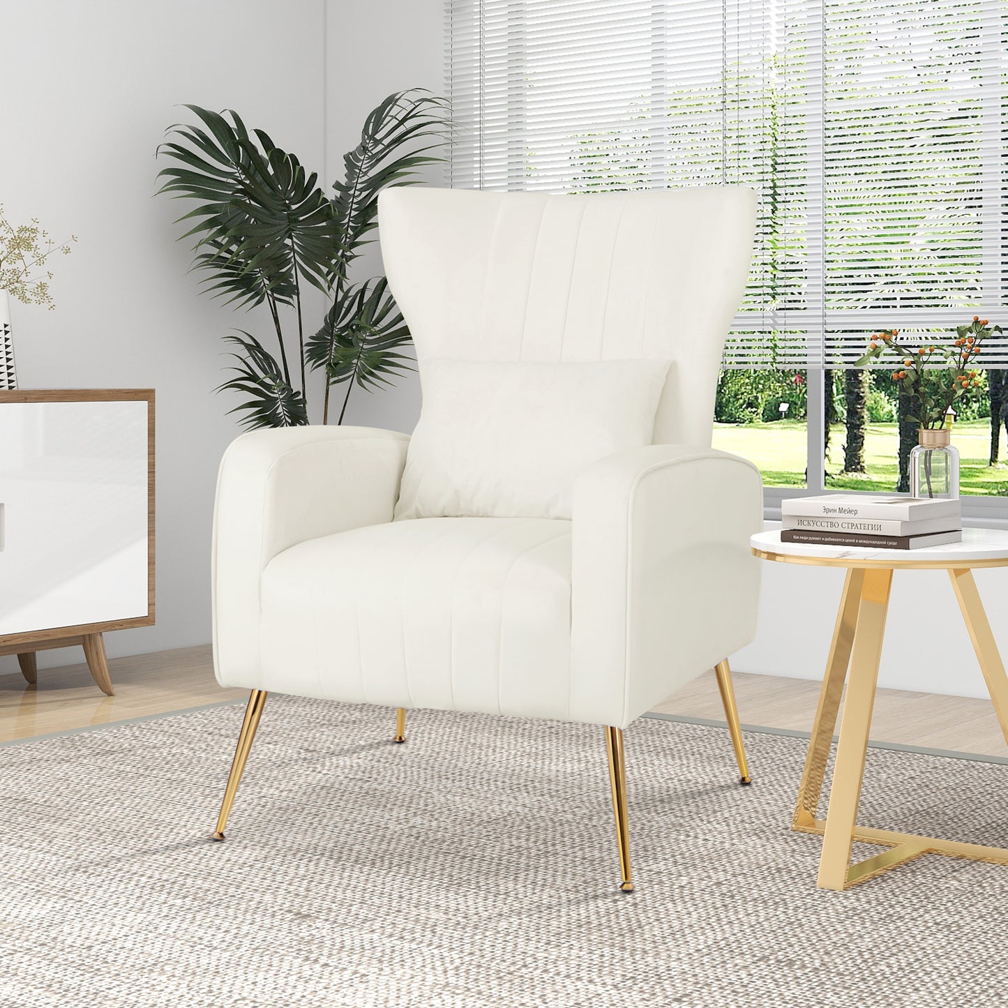 Contemporary Velvet Accent Chair with Winged Backrest and Gold Legs in White