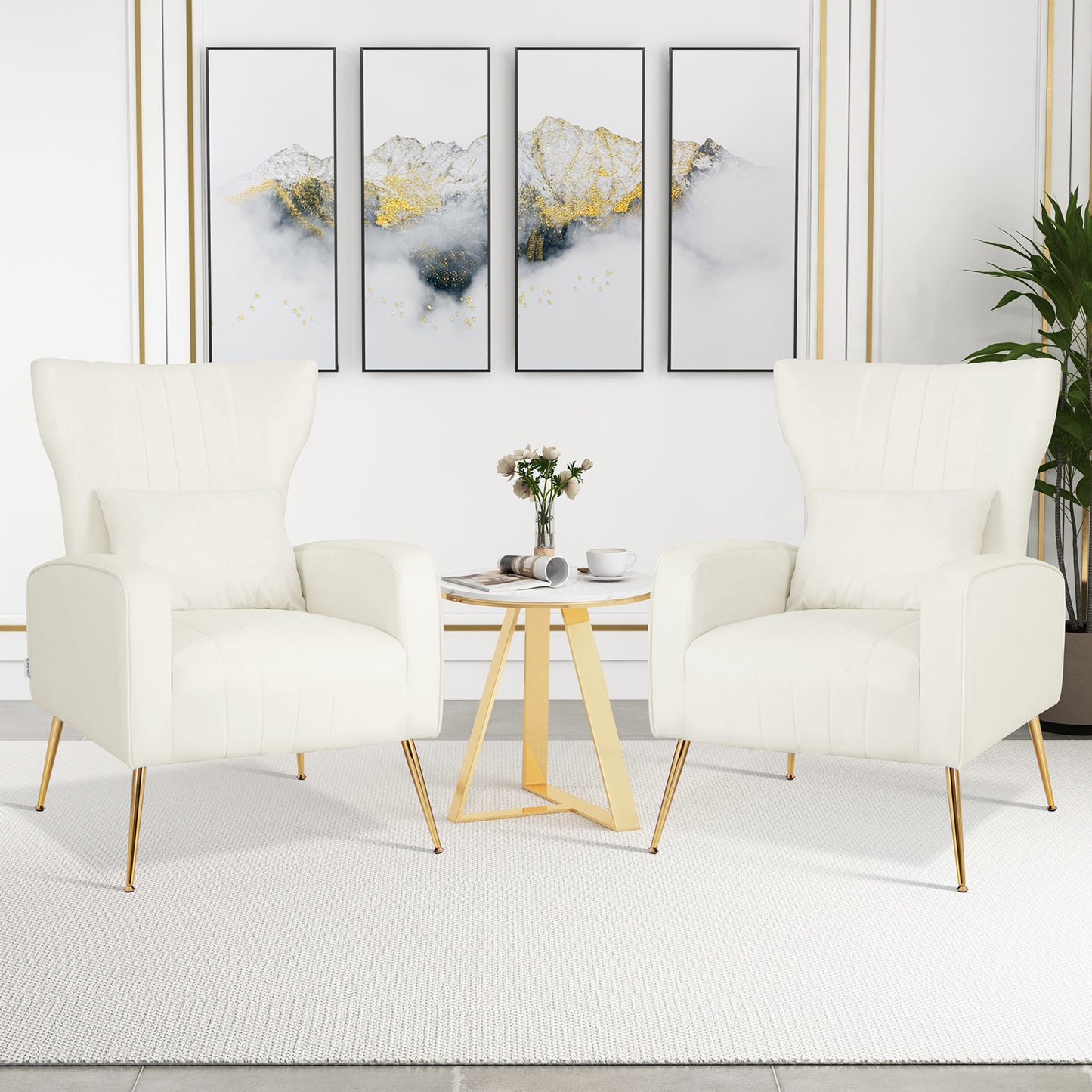 Contemporary Velvet Accent Chair with Winged Backrest and Gold Legs in White
