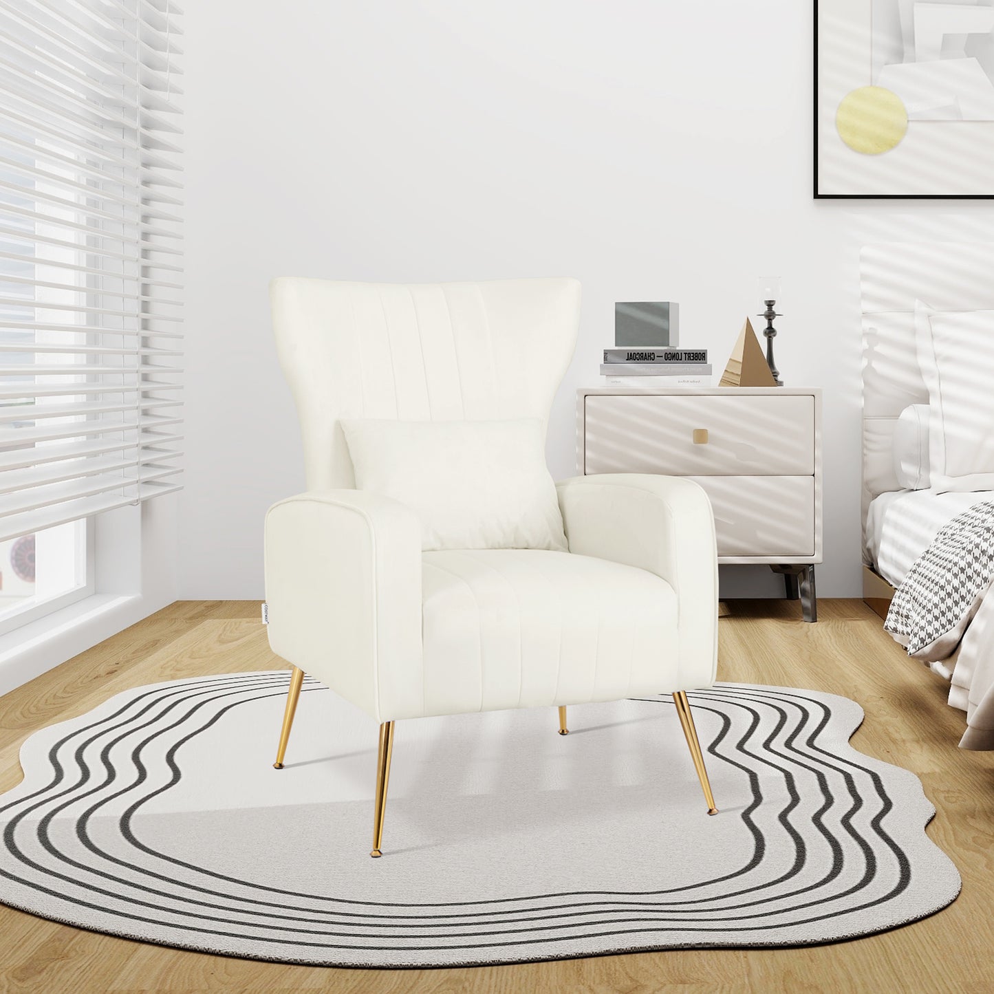 Contemporary Velvet Accent Chair with Winged Backrest and Gold Legs in White