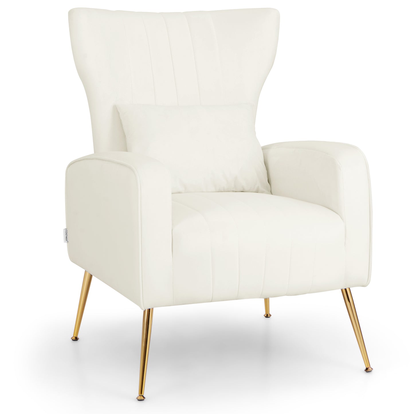 Contemporary Velvet Accent Chair with Winged Backrest and Gold Legs in White