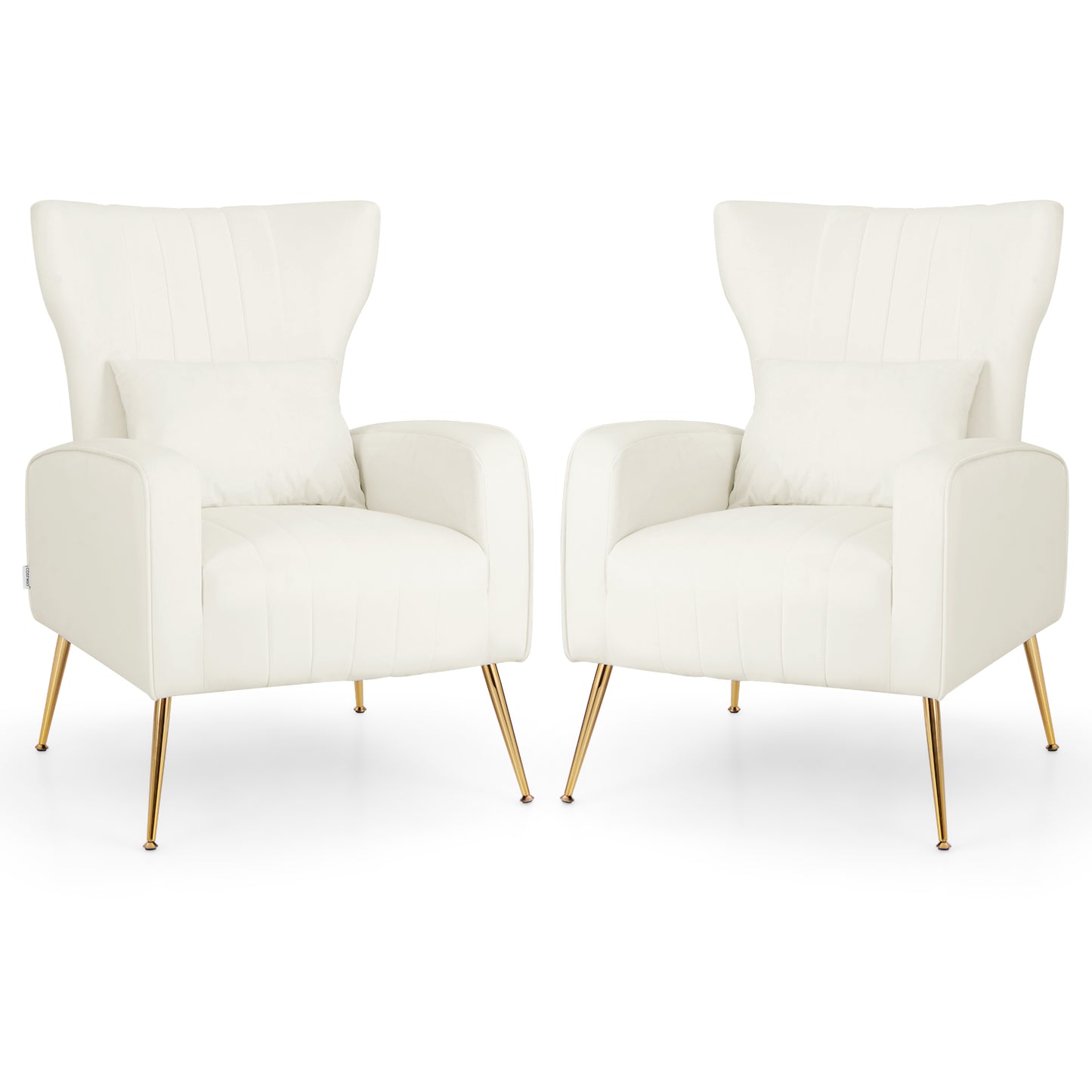 Contemporary Velvet Accent Chair with Winged Backrest and Gold Legs in White