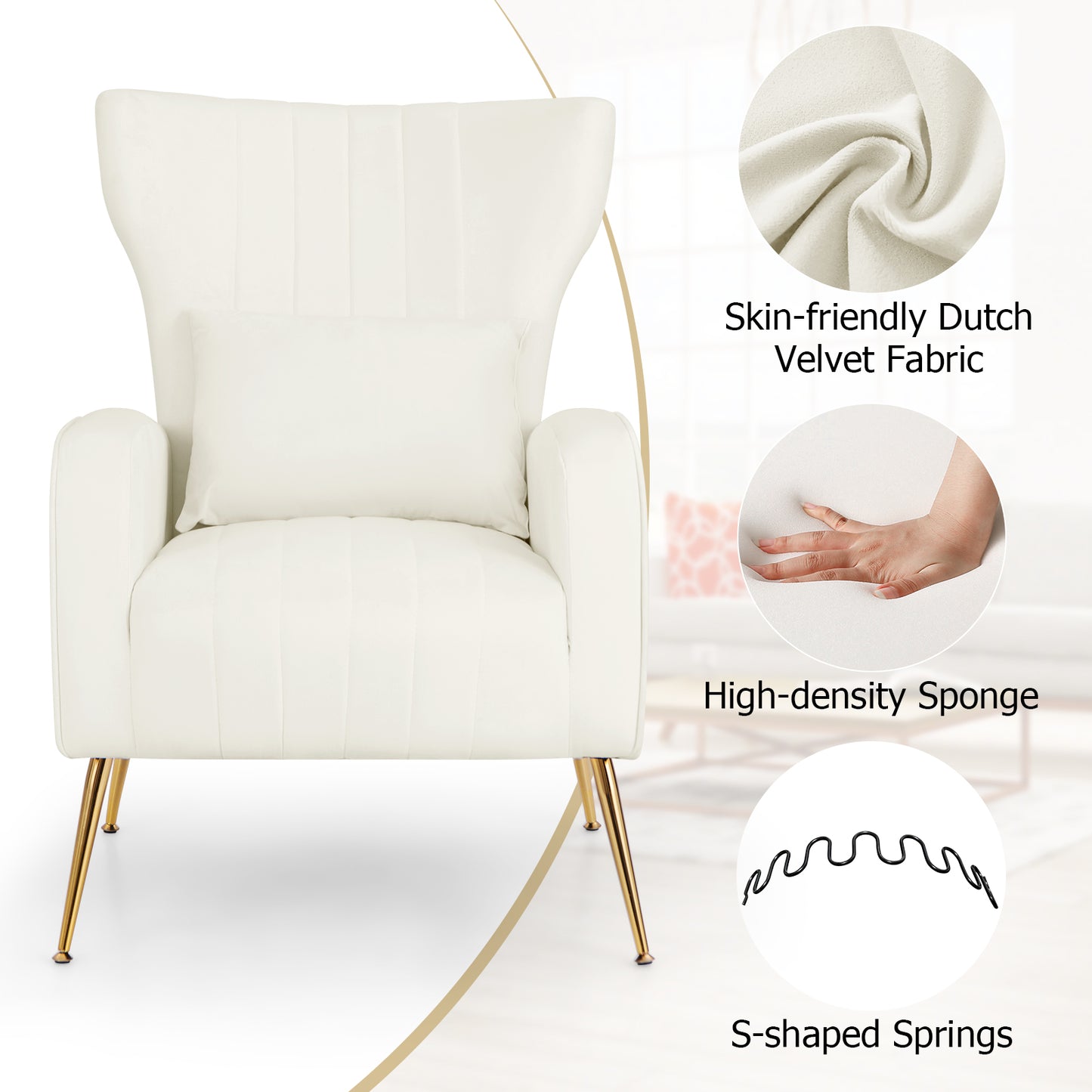 Contemporary Velvet Accent Chair with Winged Backrest and Gold Legs in White