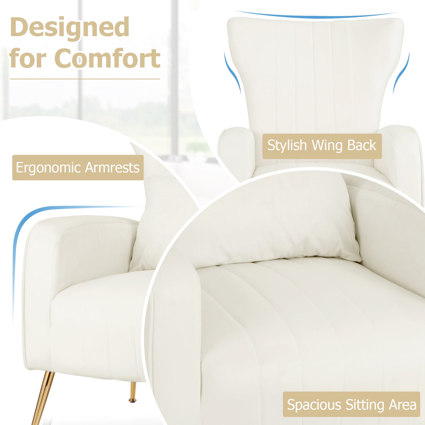 Contemporary Velvet Accent Chair with Winged Backrest and Gold Legs in White