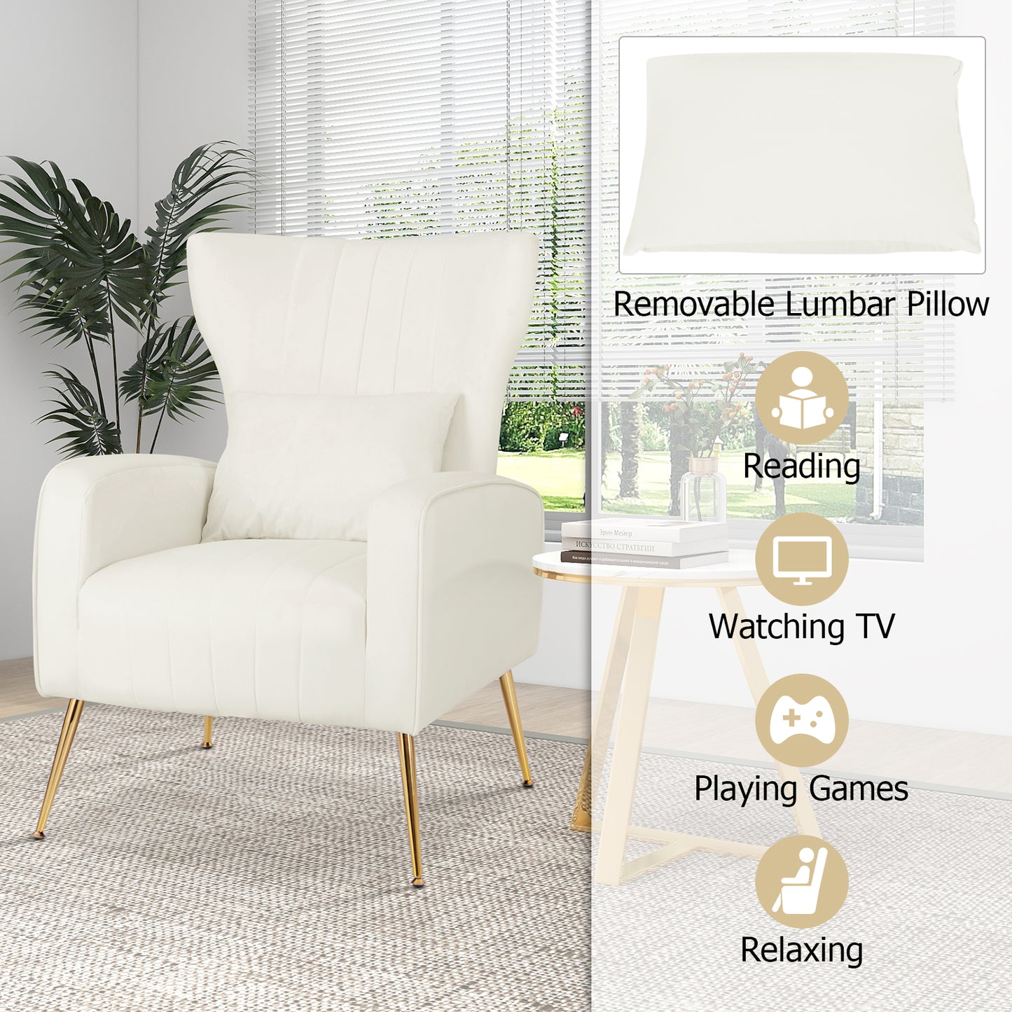 Contemporary Velvet Accent Chair with Winged Backrest and Gold Legs in White