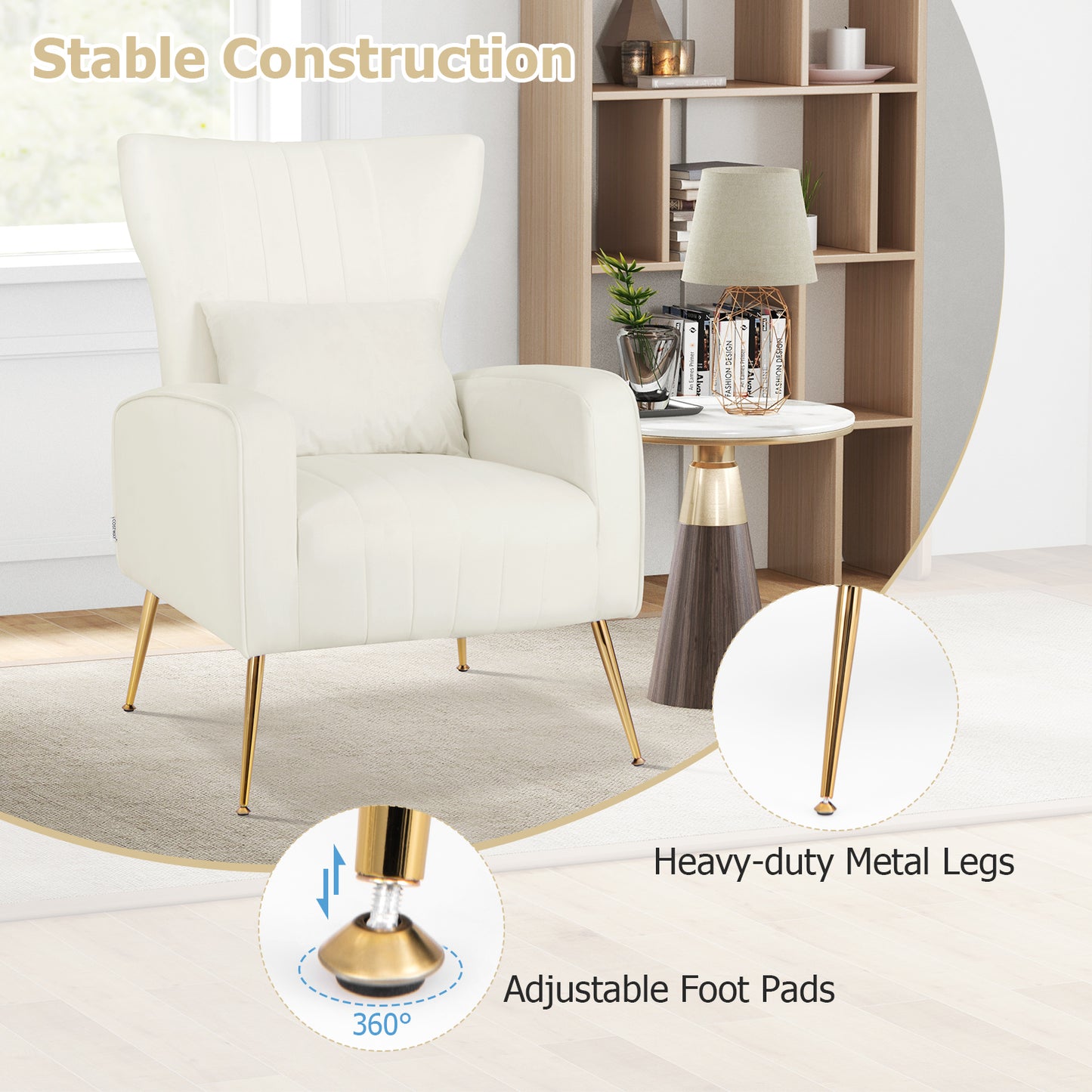 Contemporary Velvet Accent Chair with Winged Backrest and Gold Legs in White