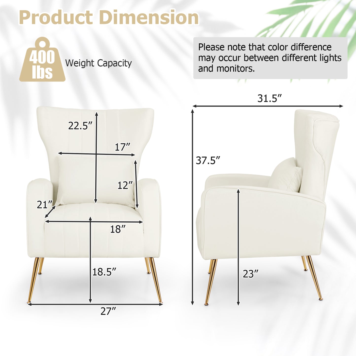 Contemporary Velvet Accent Chair with Winged Backrest and Gold Legs in White