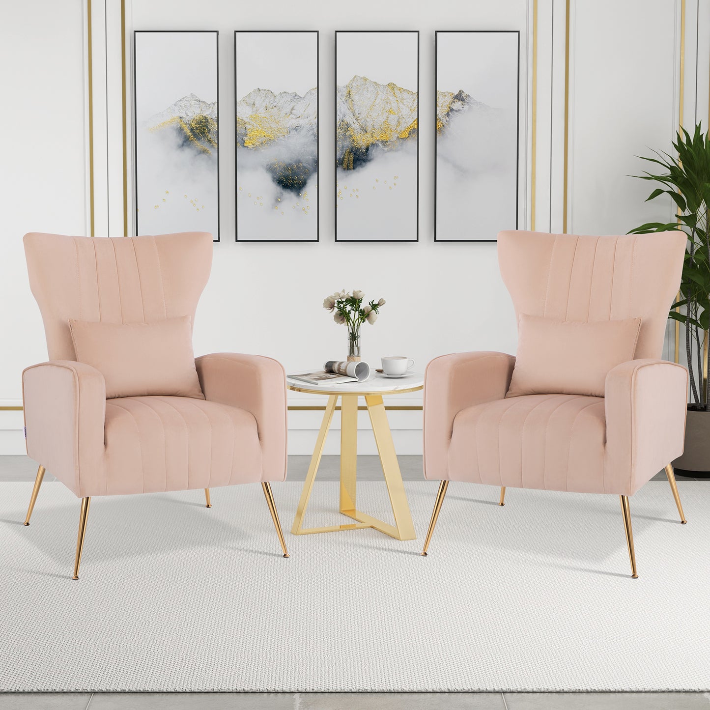 Contemporary Velvet Accent Chair with Winged Backrest and Gold Legs in Pink