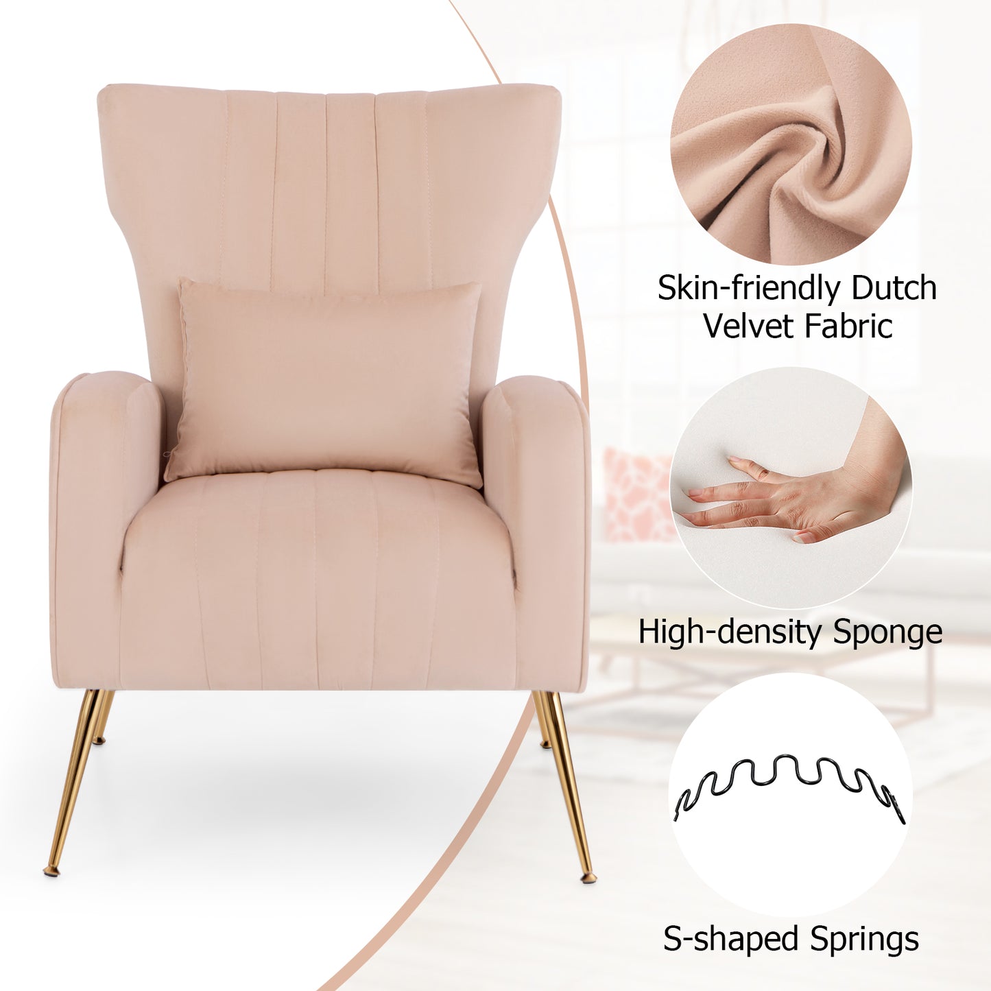 Contemporary Velvet Accent Chair with Winged Backrest and Gold Legs in Pink