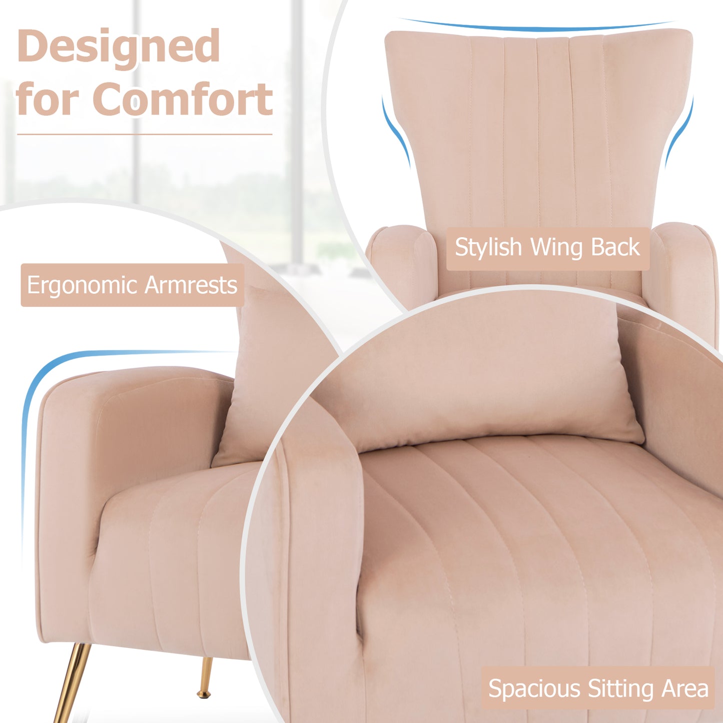 Contemporary Velvet Accent Chair with Winged Backrest and Gold Legs in Pink