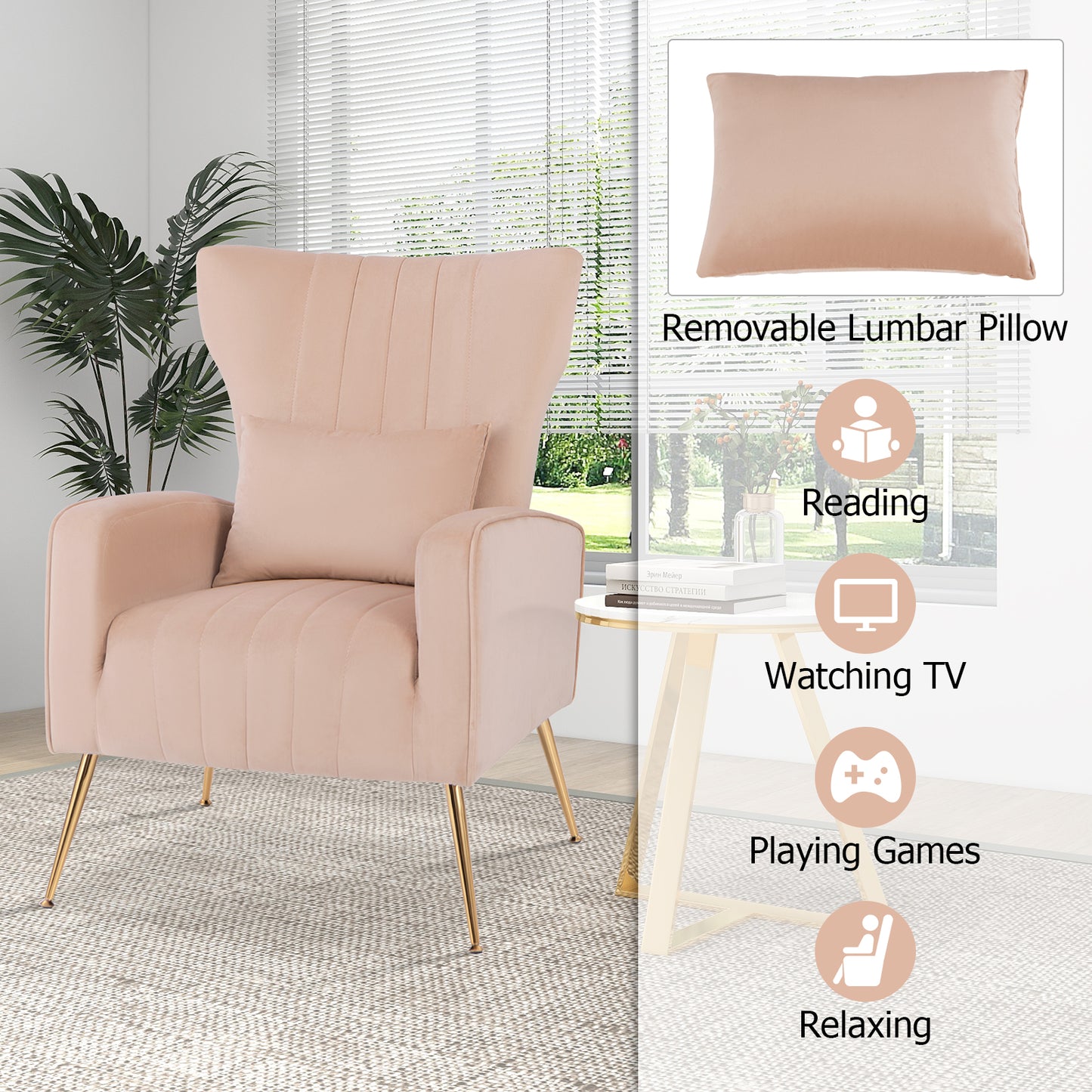 Contemporary Velvet Accent Chair with Winged Backrest and Gold Legs in Pink