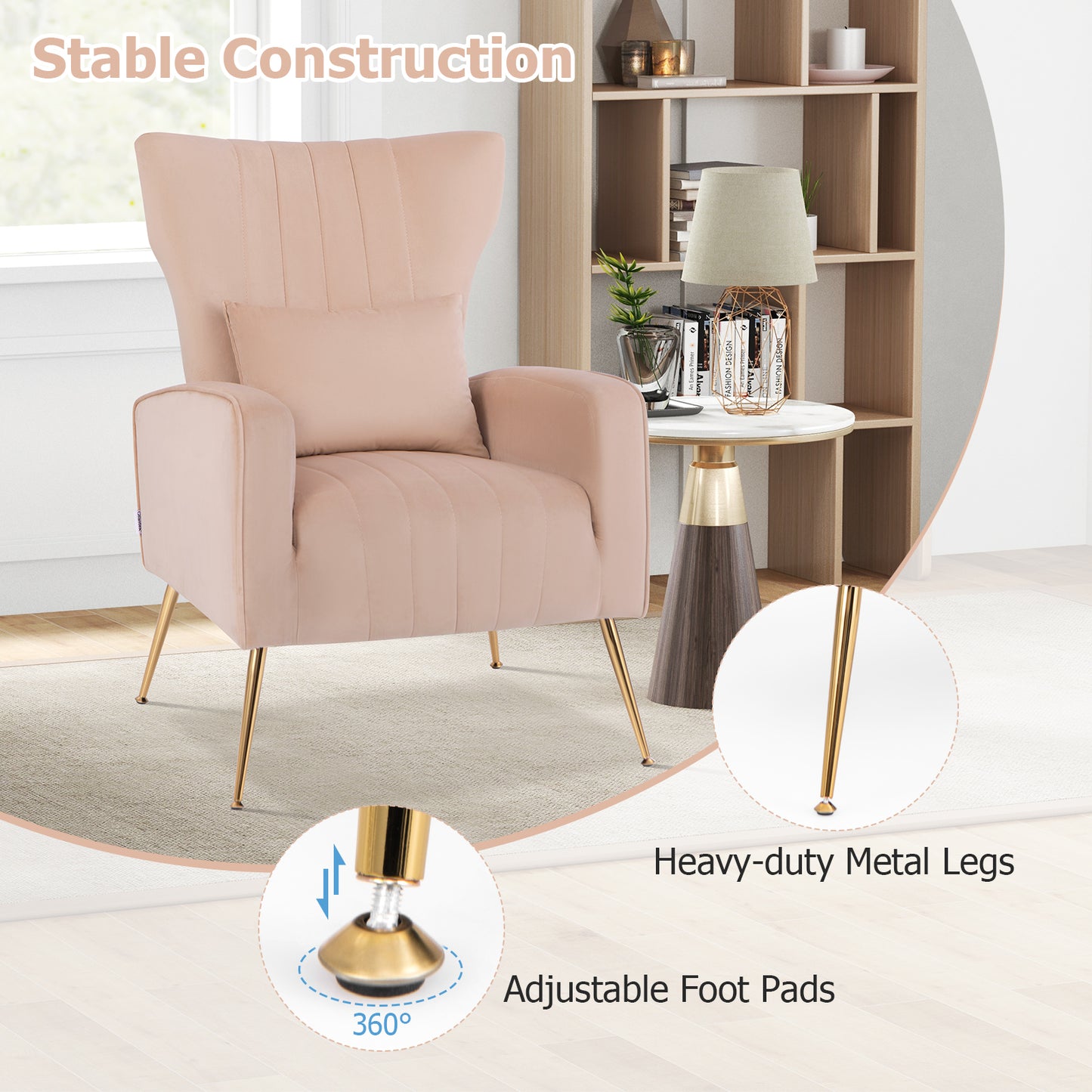Contemporary Velvet Accent Chair with Winged Backrest and Gold Legs in Pink