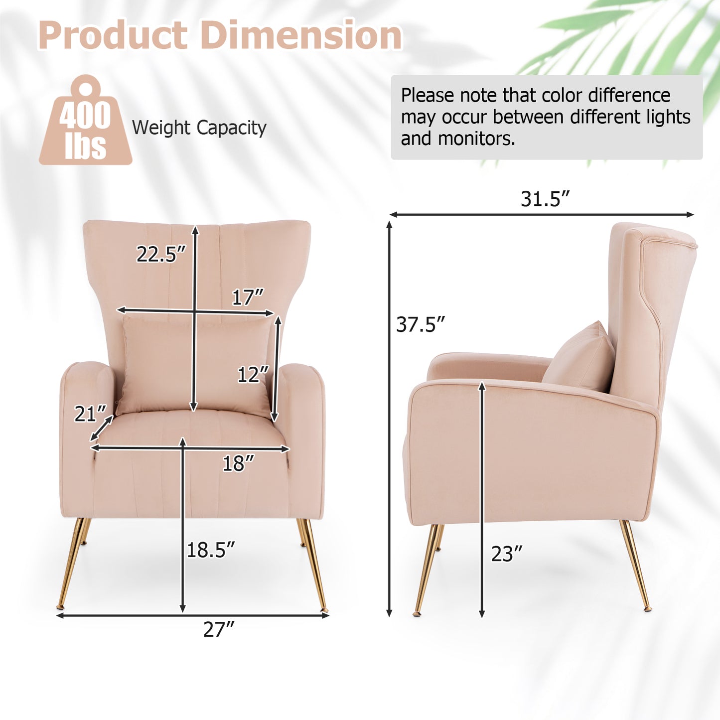 Contemporary Velvet Accent Chair with Winged Backrest and Gold Legs in Pink
