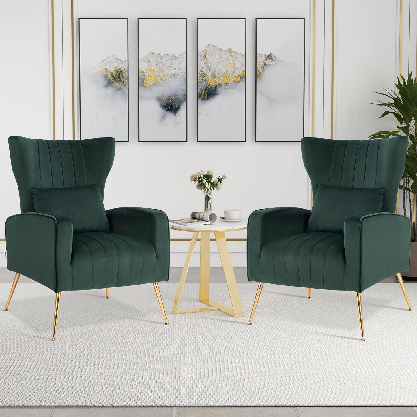 Contemporary Velvet Accent Chair with Winged Backrest and Gold Legs in Dark Green