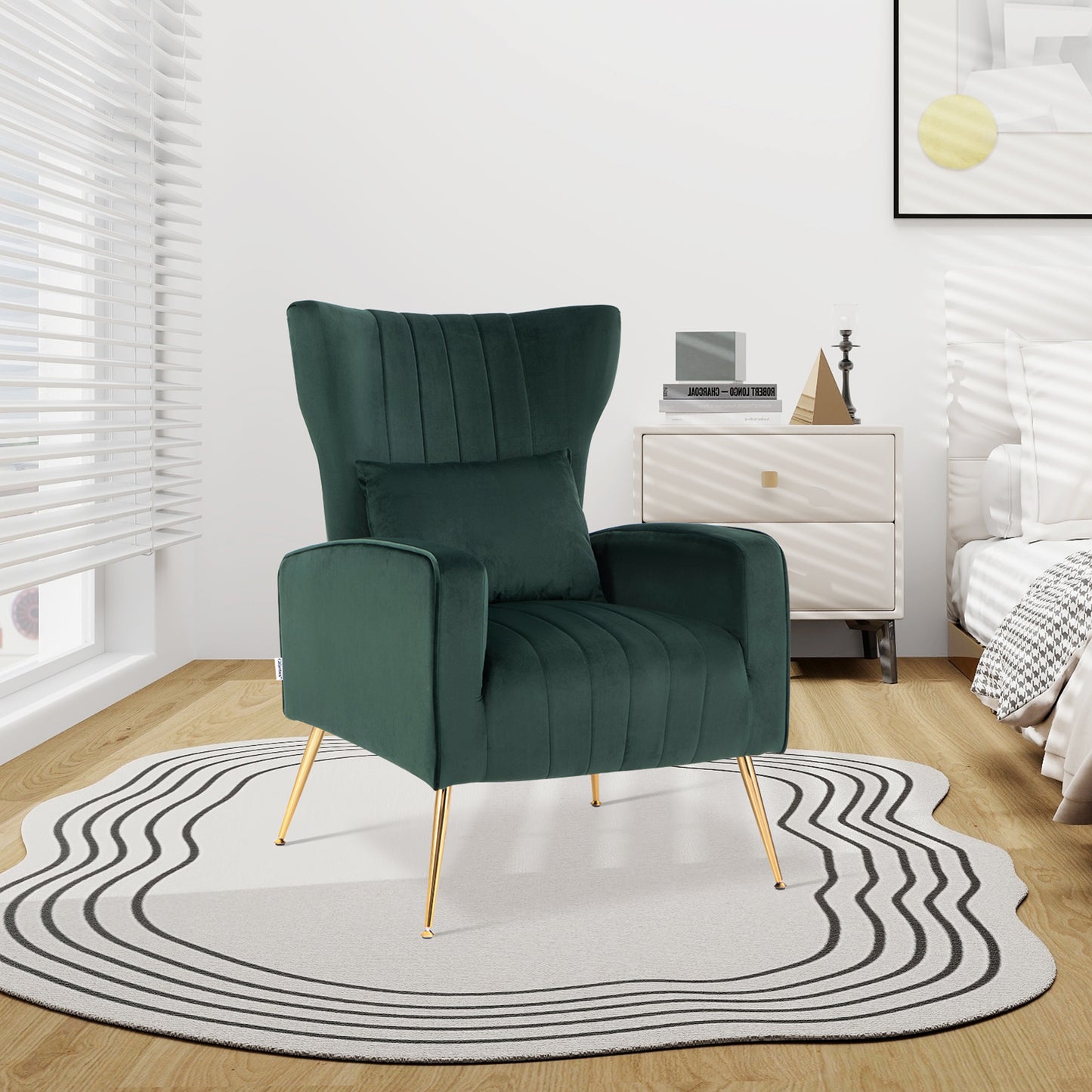 Contemporary Velvet Accent Chair with Winged Backrest and Gold Legs in Dark Green