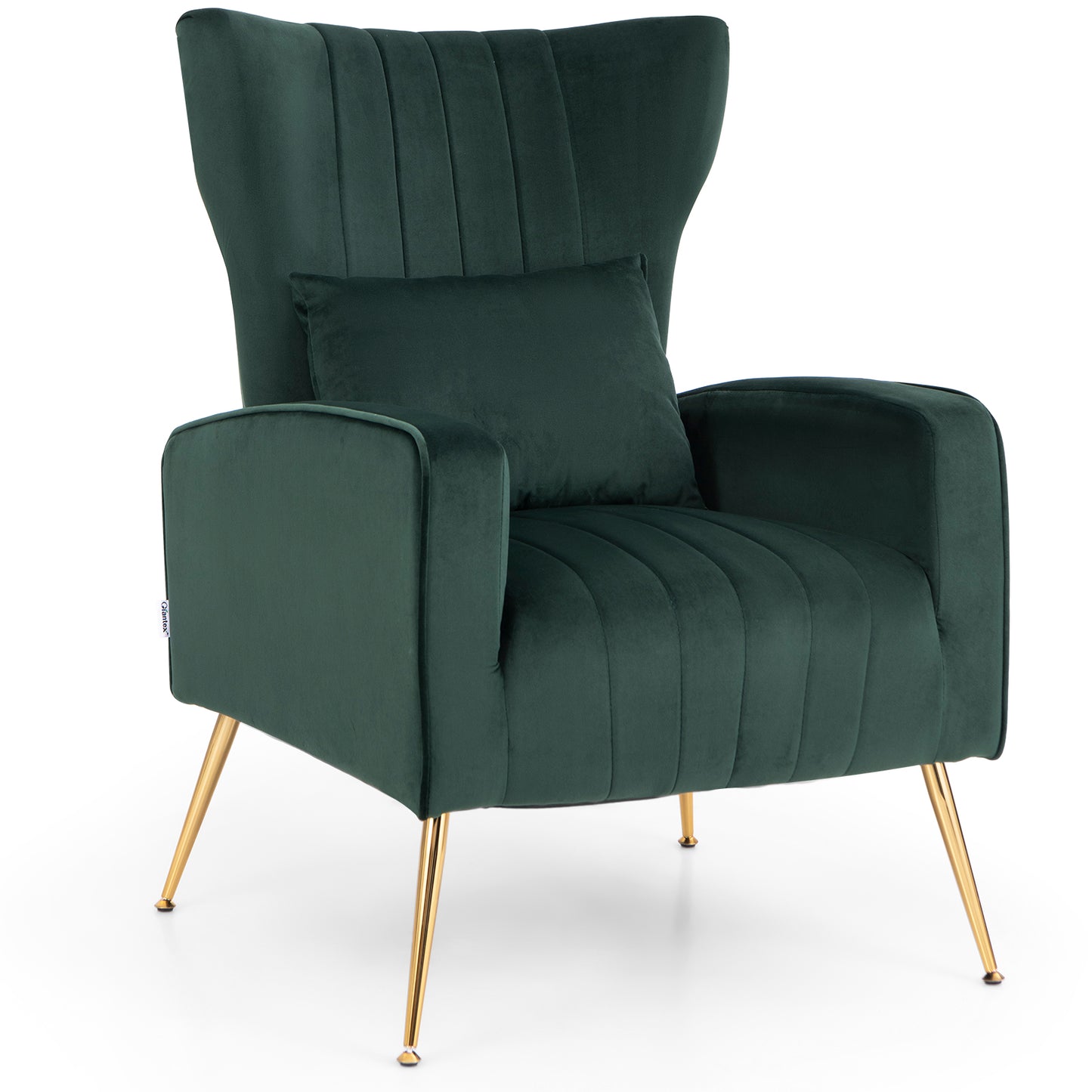 Contemporary Velvet Accent Chair with Winged Backrest and Gold Legs in Dark Green