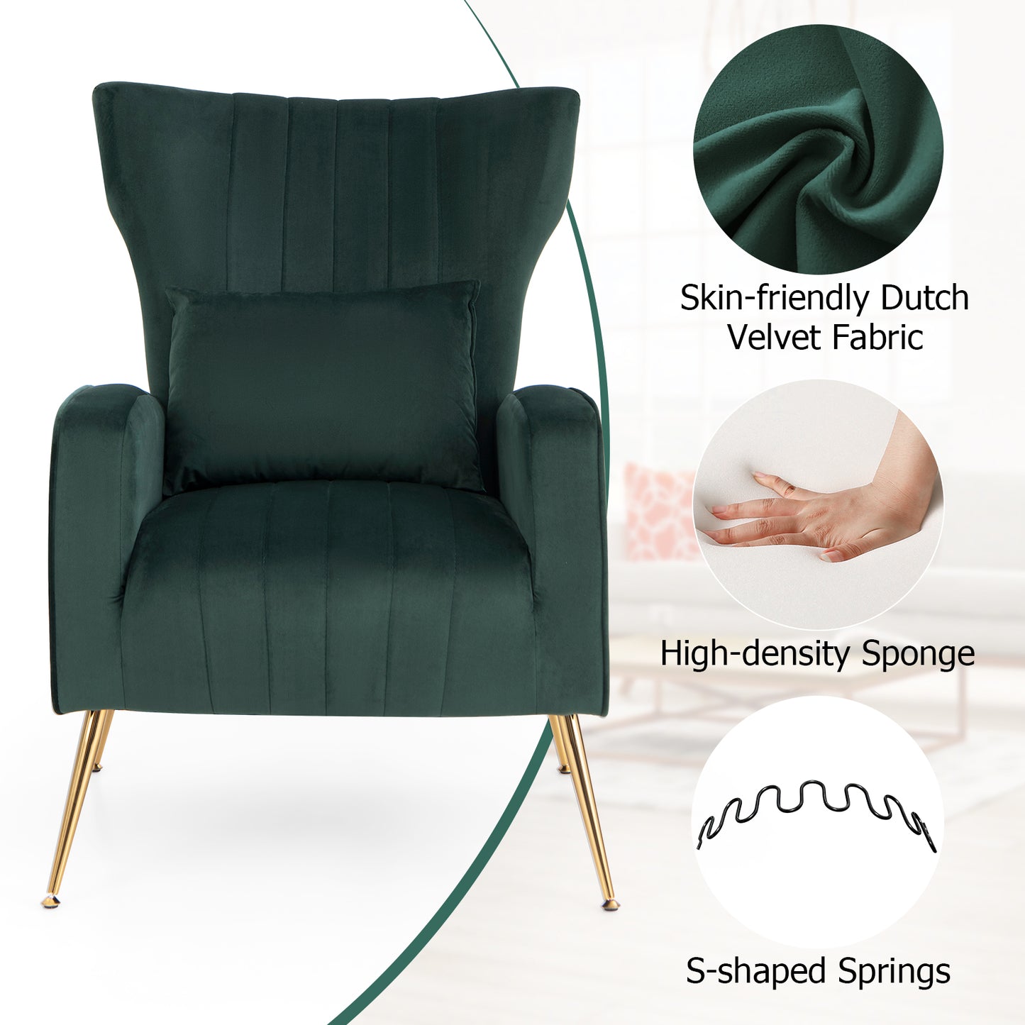 Contemporary Velvet Accent Chair with Winged Backrest and Gold Legs in Dark Green