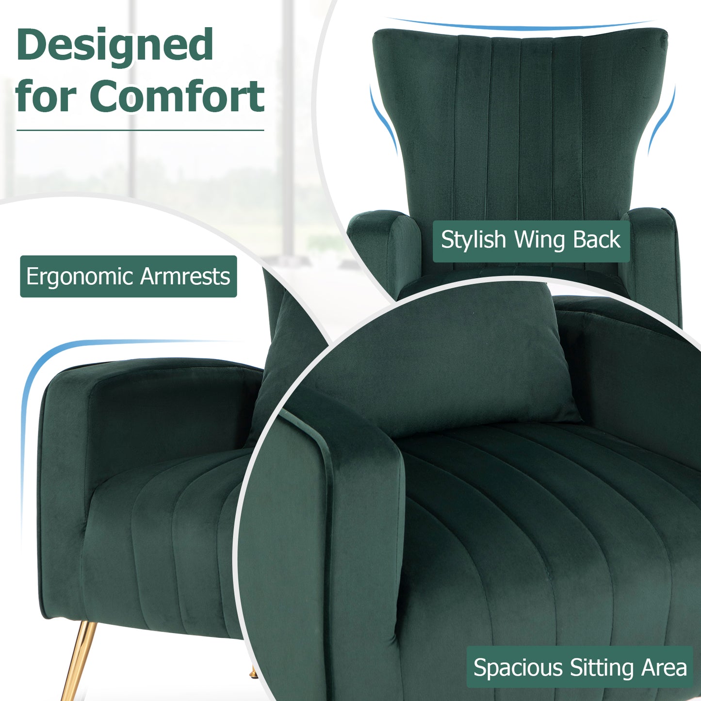 Contemporary Velvet Accent Chair with Winged Backrest and Gold Legs in Dark Green