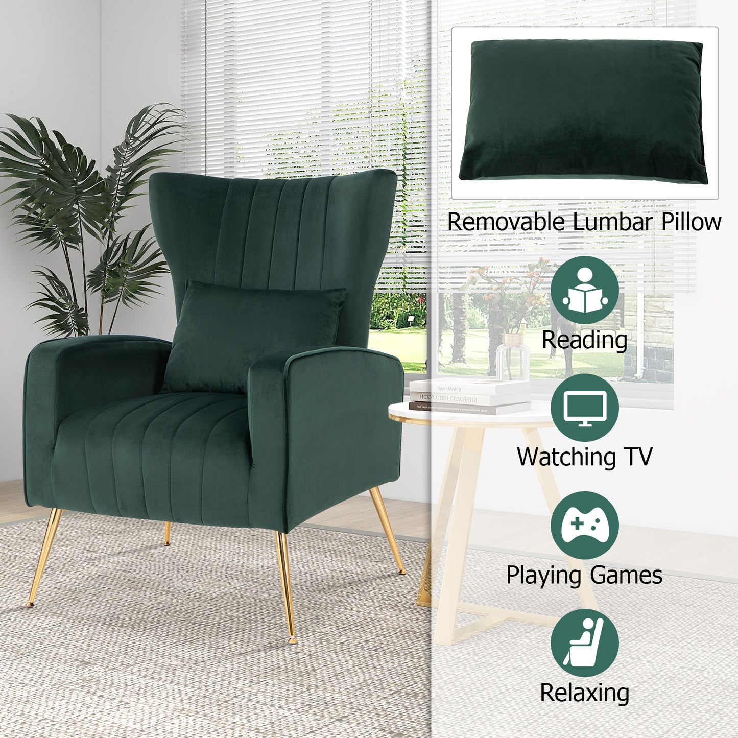 Contemporary Velvet Accent Chair with Winged Backrest and Gold Legs in Dark Green