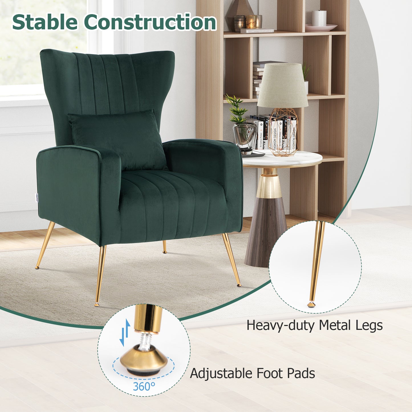 Contemporary Velvet Accent Chair with Winged Backrest and Gold Legs in Dark Green