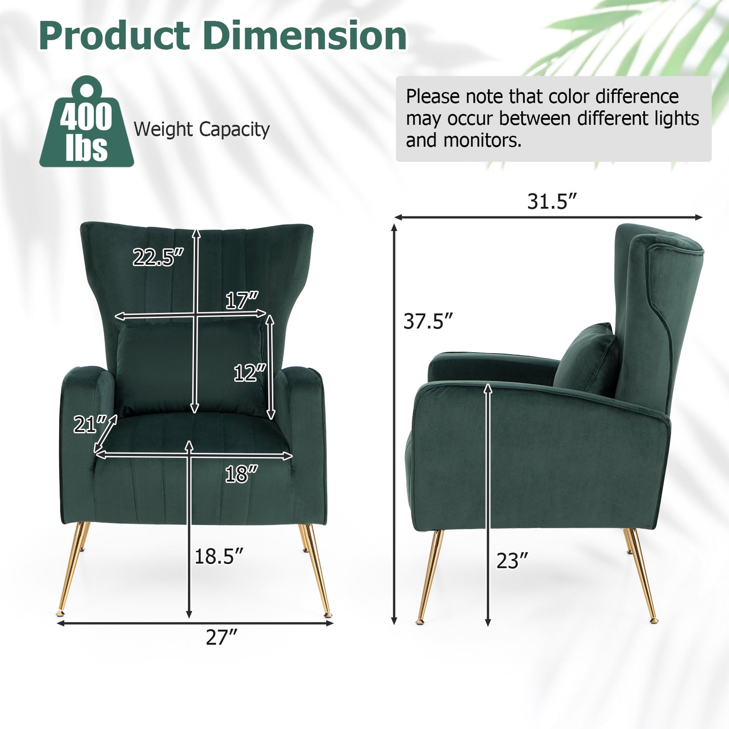 Contemporary Velvet Accent Chair with Winged Backrest and Gold Legs in Dark Green