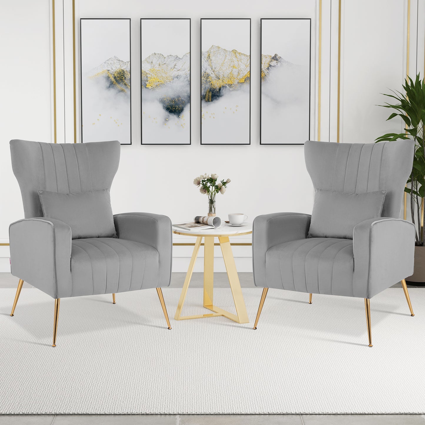 Contemporary Velvet Accent Chair with Winged Backrest and Gold Legs in Grey