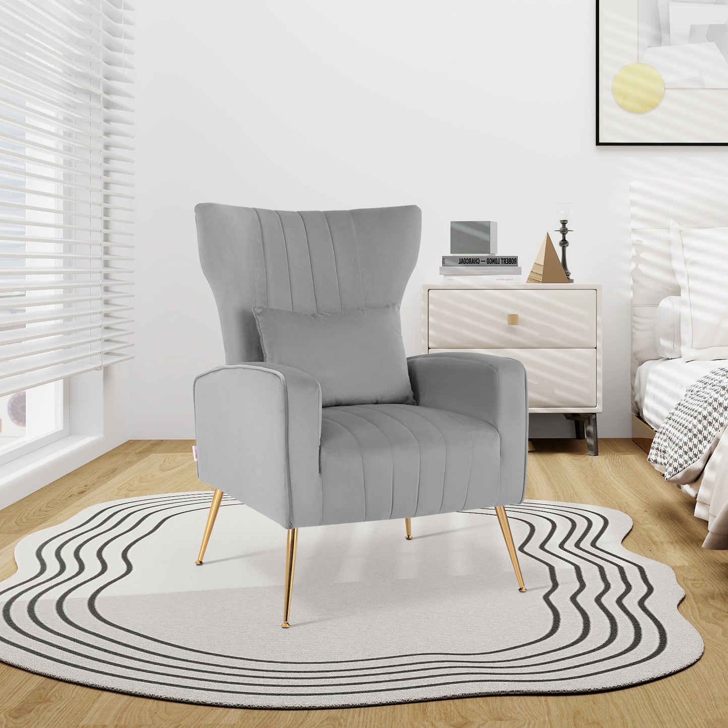 Contemporary Velvet Accent Chair with Winged Backrest and Gold Legs in Grey