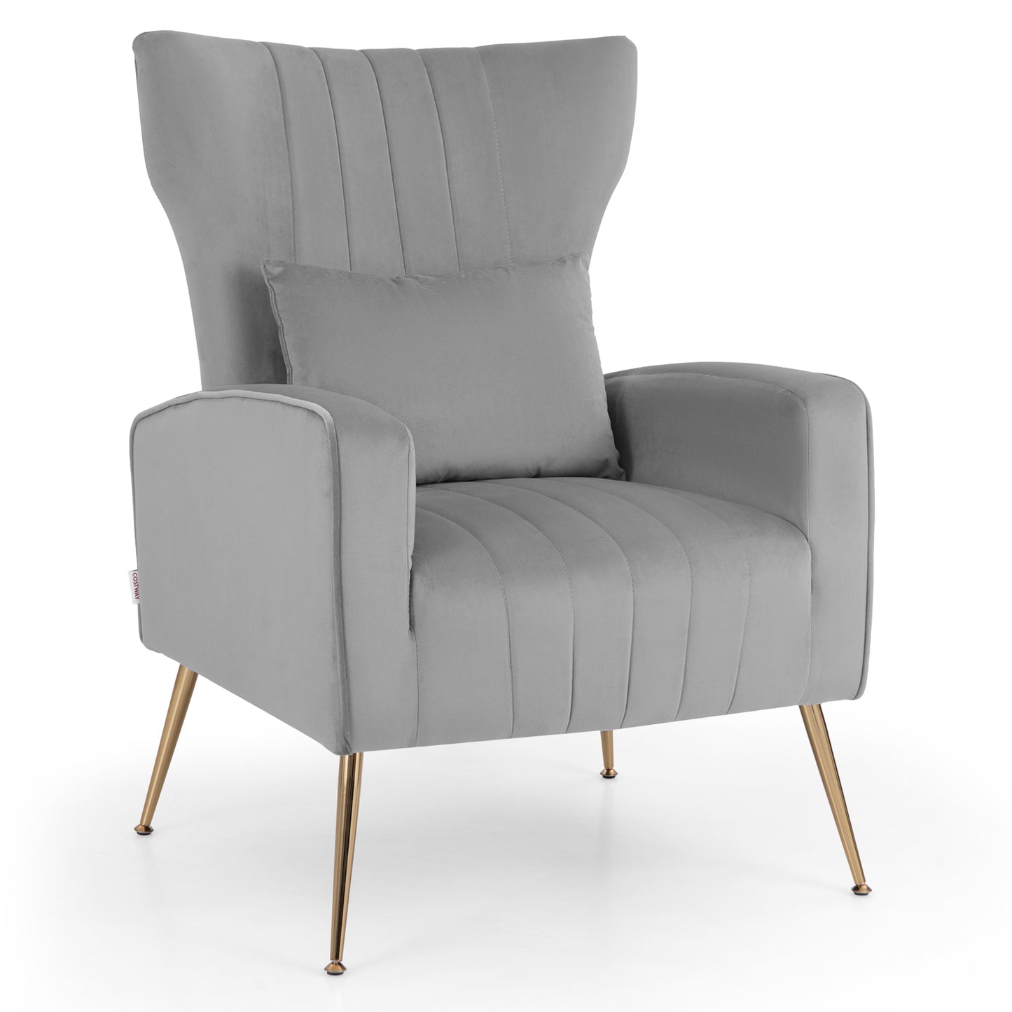 Contemporary Velvet Accent Chair with Winged Backrest and Gold Legs in Grey