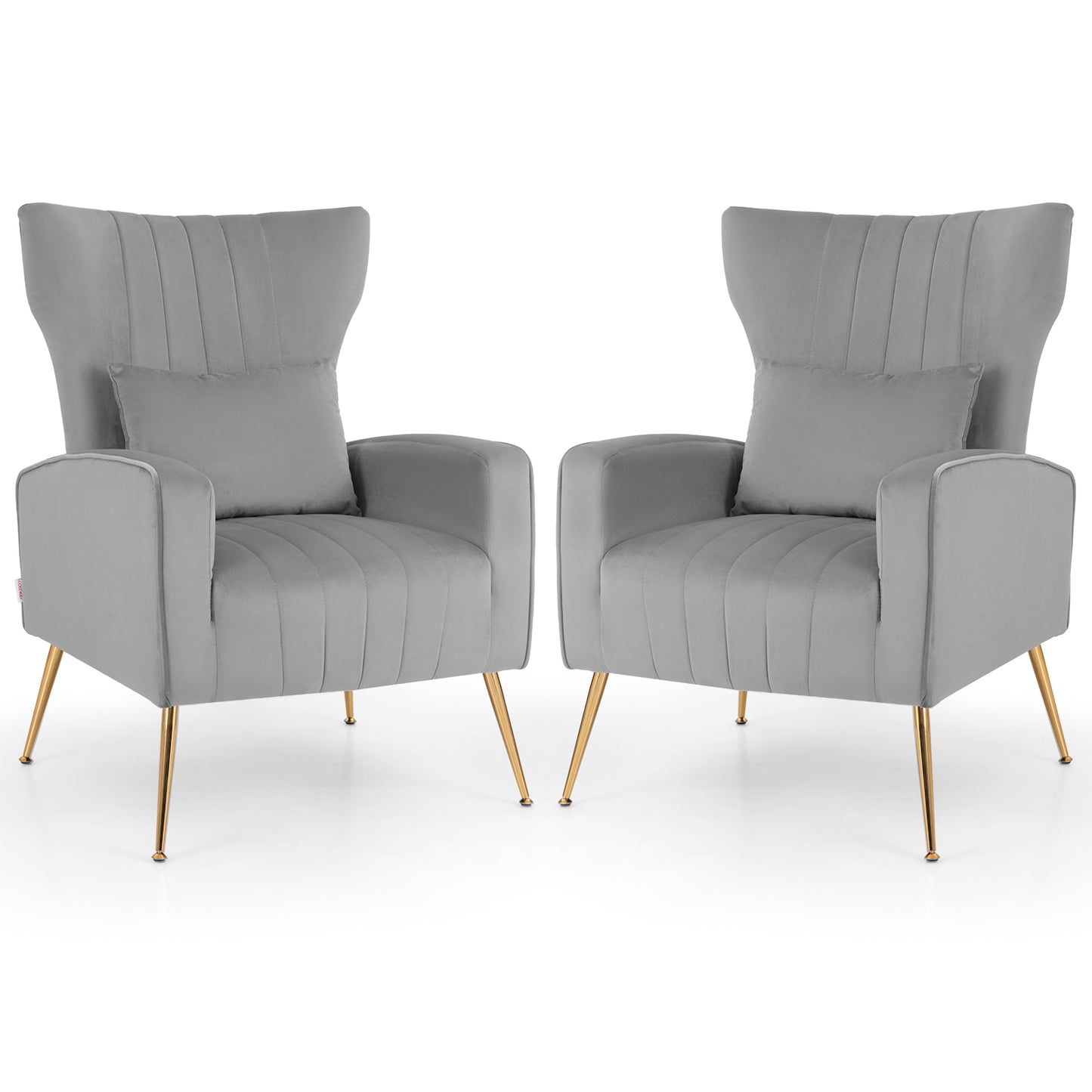 Contemporary Velvet Accent Chair with Winged Backrest and Gold Legs in Grey