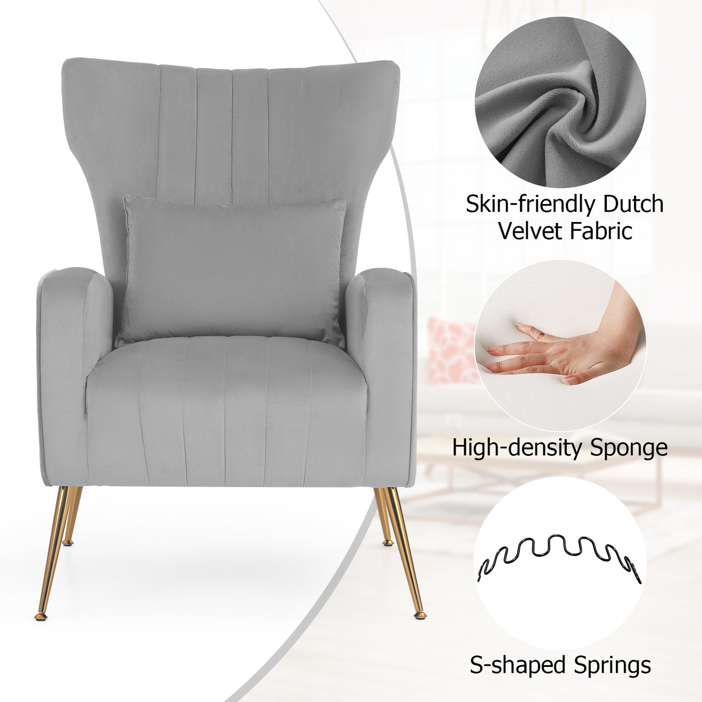 Contemporary Velvet Accent Chair with Winged Backrest and Gold Legs in Grey