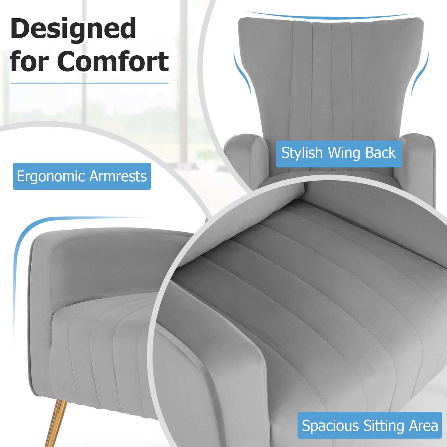 Contemporary Velvet Accent Chair with Winged Backrest and Gold Legs in Grey