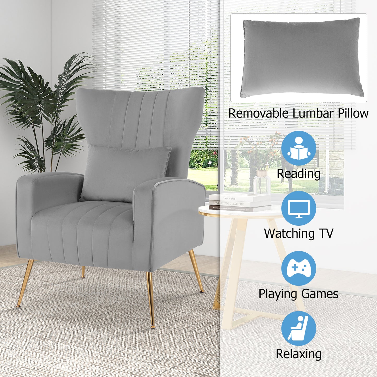 Contemporary Velvet Accent Chair with Winged Backrest and Gold Legs in Grey