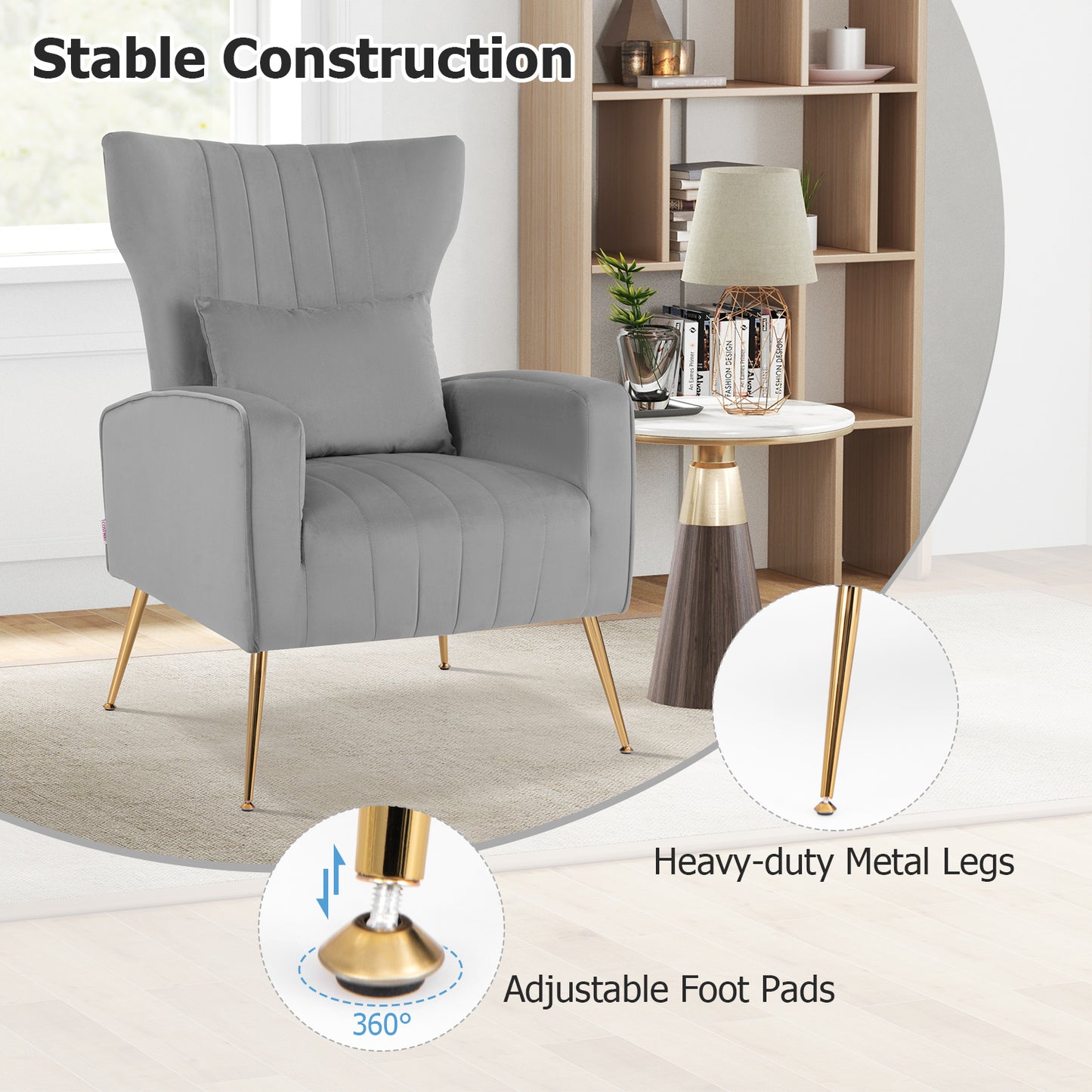 Contemporary Velvet Accent Chair with Winged Backrest and Gold Legs in Grey