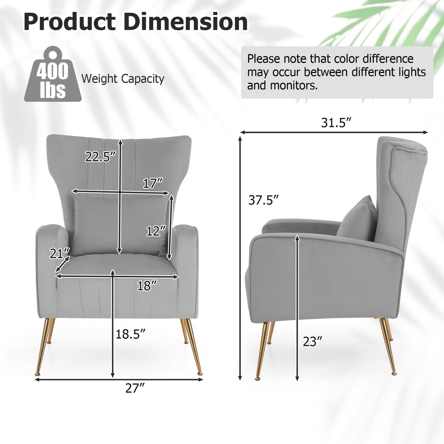 Contemporary Velvet Accent Chair with Winged Backrest and Gold Legs in Grey