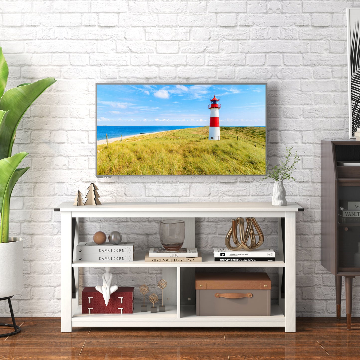 3 Tier Wooden TV Stand with Open Storage and Metal Frame for TVs up to 55 Inches - White