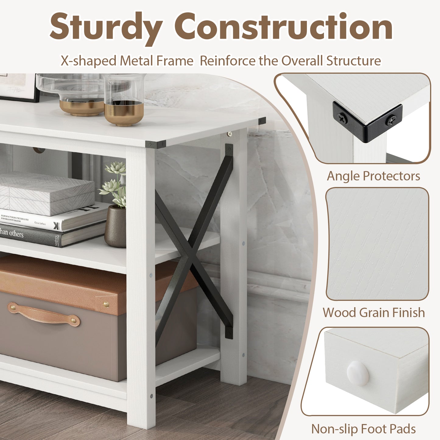 3 Tier Wooden TV Stand with Open Storage and Metal Frame for TVs up to 55 Inches - White