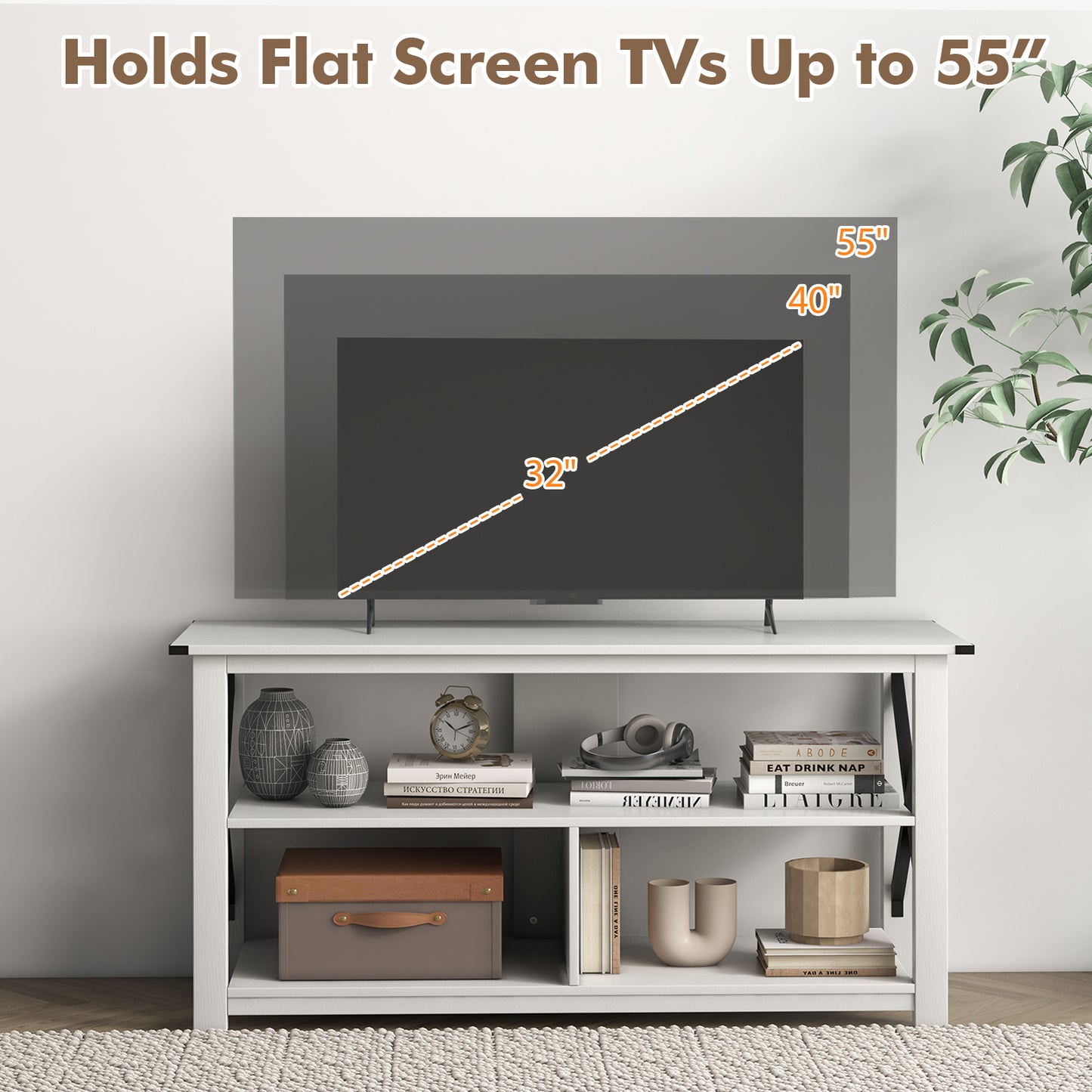 3 Tier Wooden TV Stand with Open Storage and Metal Frame for TVs up to 55 Inches - White