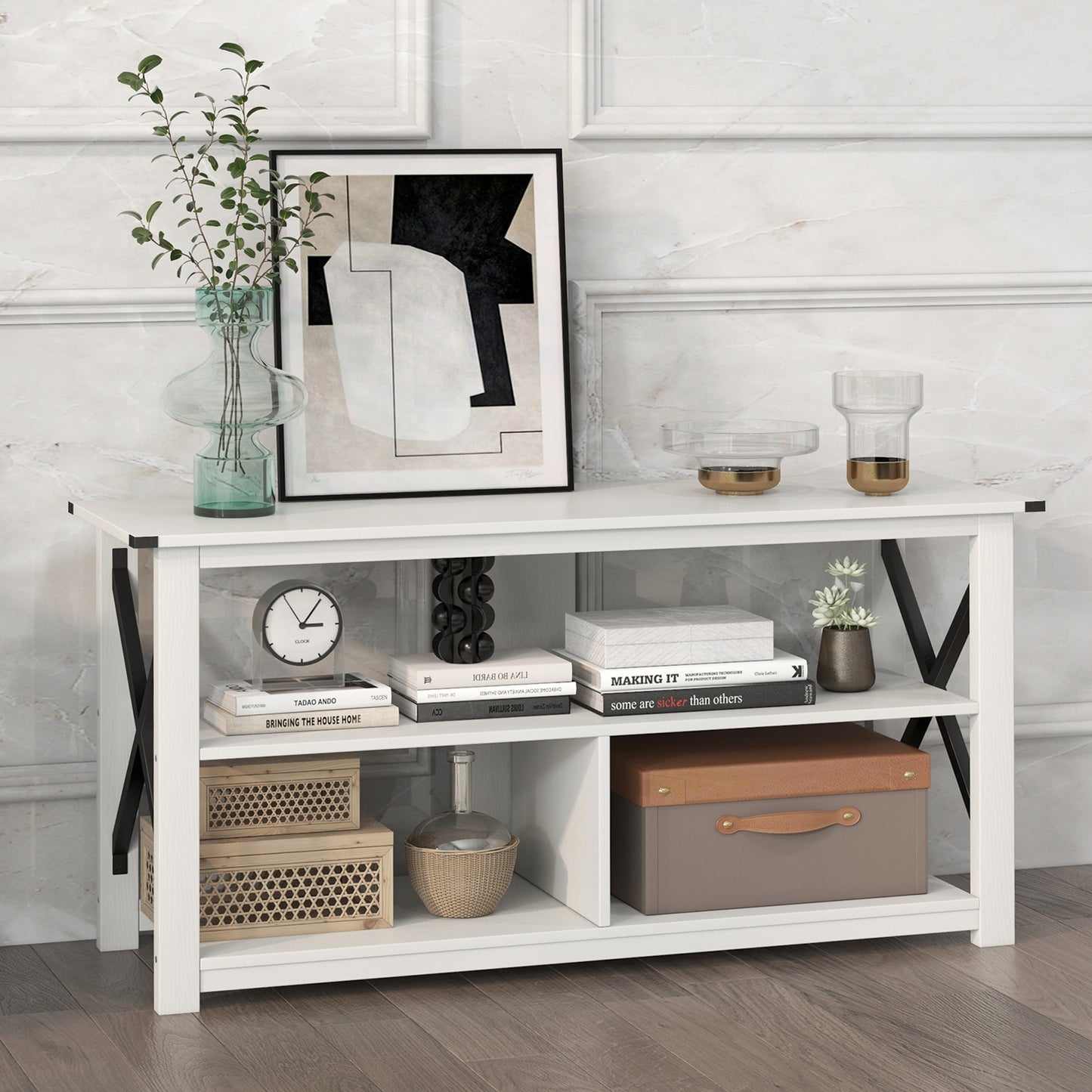 3 Tier Wooden TV Stand with Open Storage and Metal Frame for TVs up to 55 Inches - White