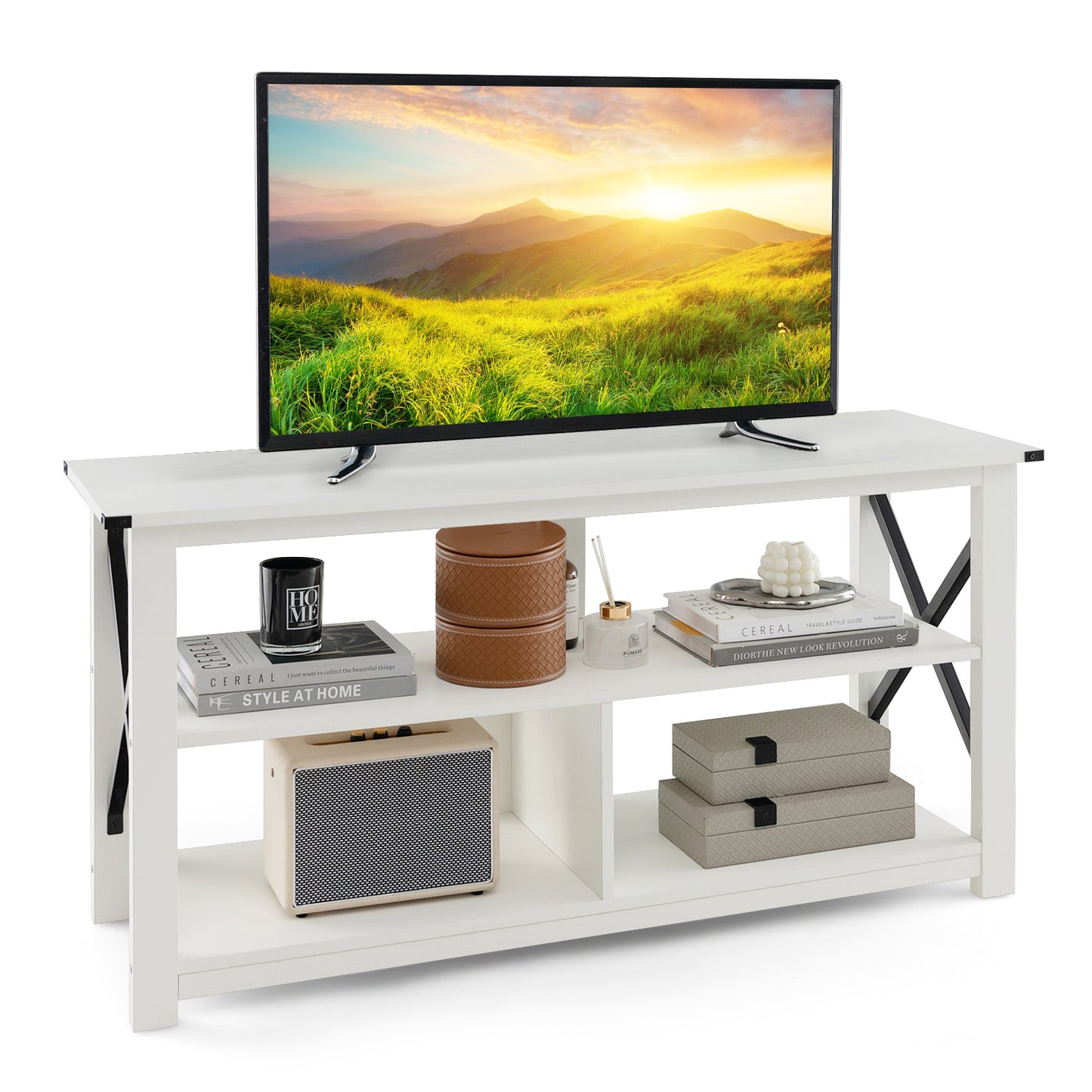 3 Tier Wooden TV Stand with Open Storage and Metal Frame for TVs up to 55 Inches - White