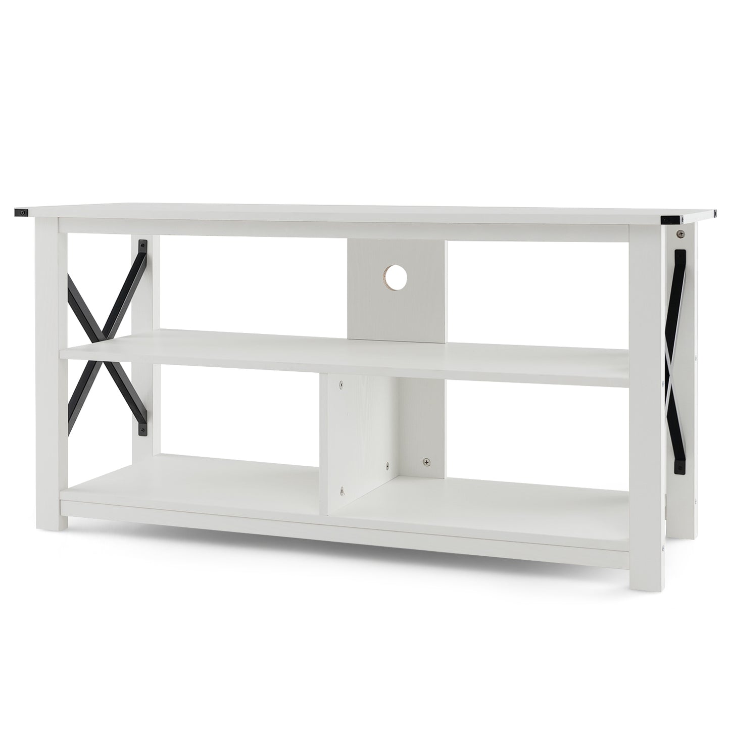 3 Tier Wooden TV Stand with Open Storage and Metal Frame for TVs up to 55 Inches - White