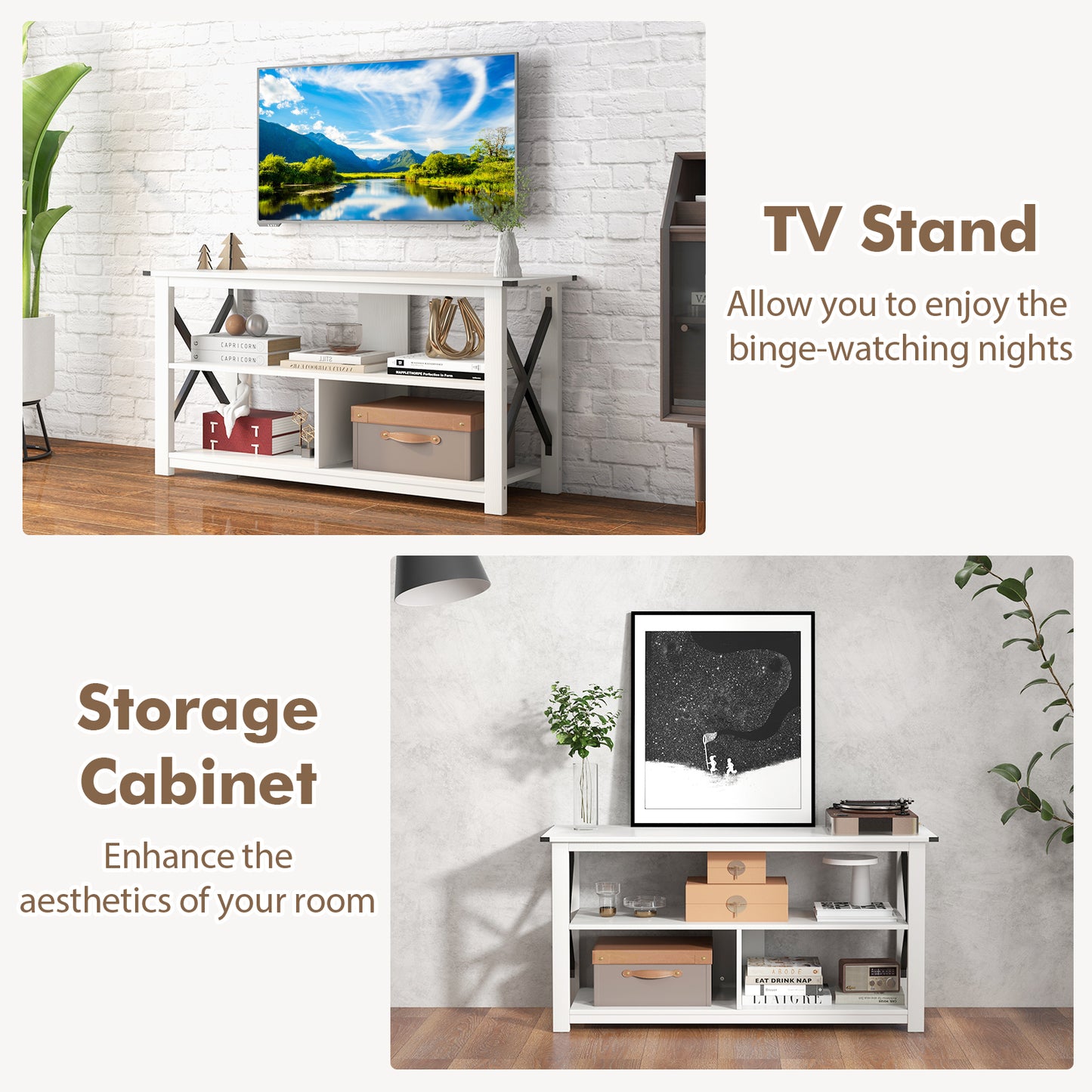 3 Tier Wooden TV Stand with Open Storage and Metal Frame for TVs up to 55 Inches - White