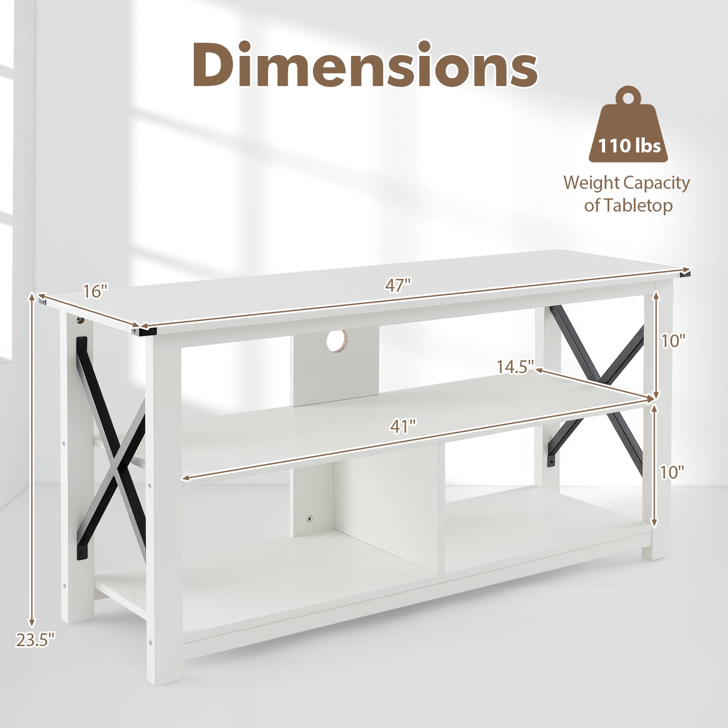 3 Tier Wooden TV Stand with Open Storage and Metal Frame for TVs up to 55 Inches - White