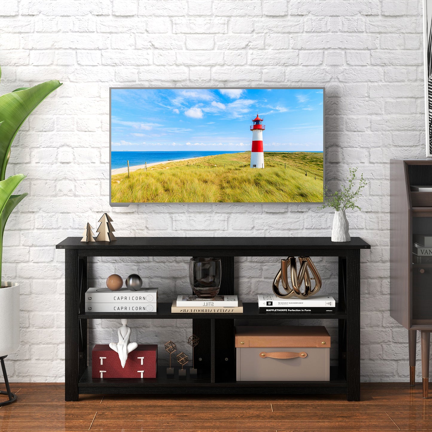 3 Tier Wooden TV Stand with Open Storage and Metal Frame for TVs up to 55 Inches - Black