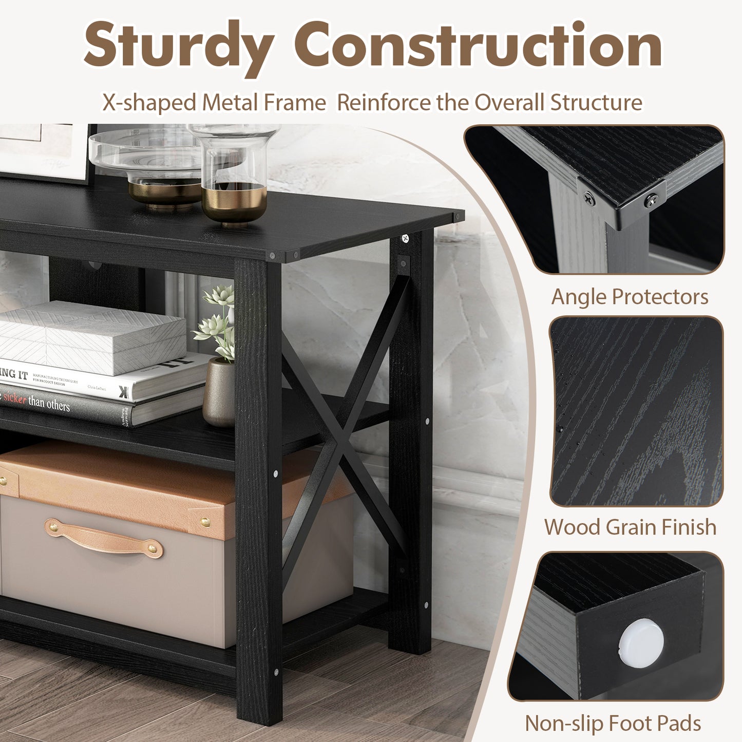 3 Tier Wooden TV Stand with Open Storage and Metal Frame for TVs up to 55 Inches - Black