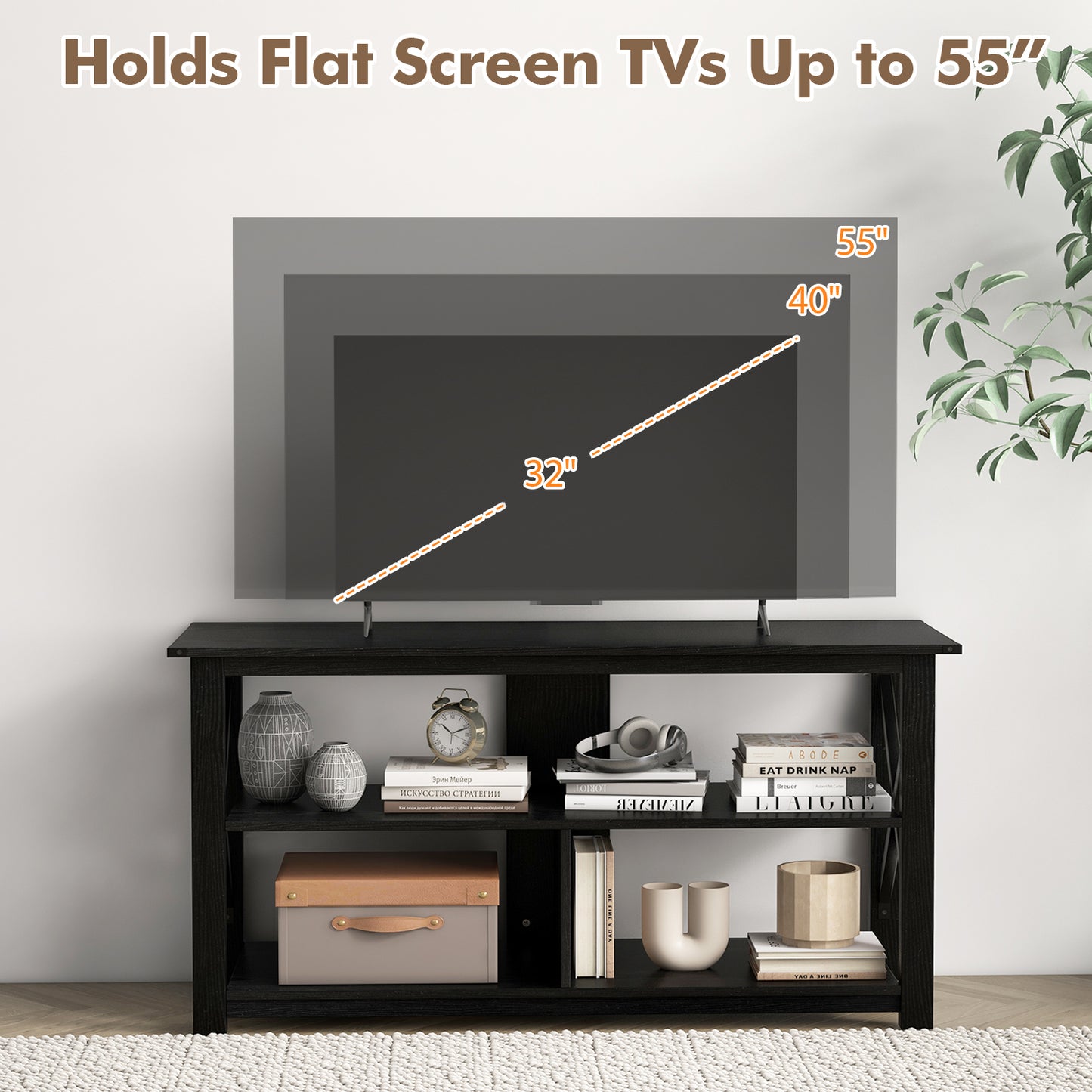 3 Tier Wooden TV Stand with Open Storage and Metal Frame for TVs up to 55 Inches - Black