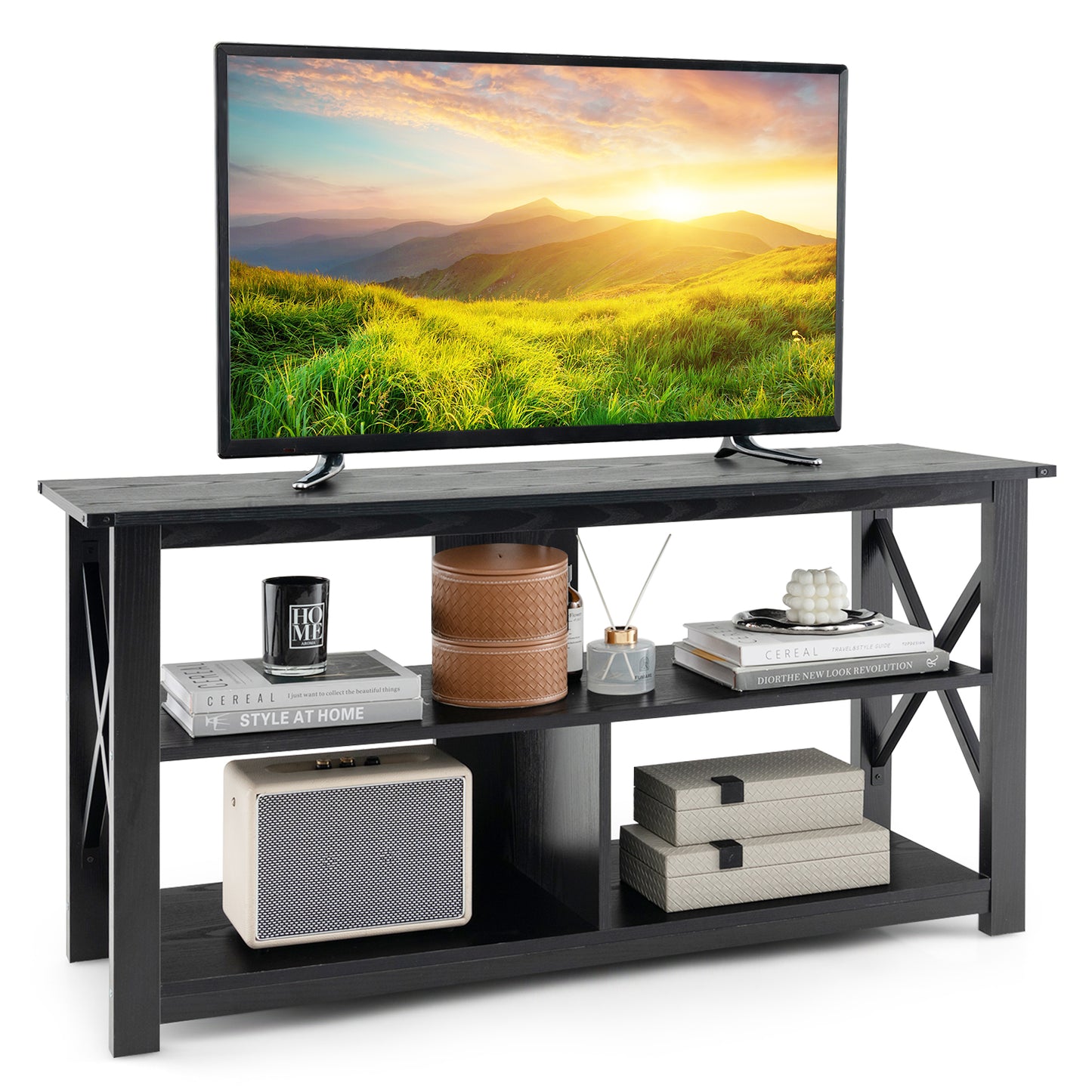 3 Tier Wooden TV Stand with Open Storage and Metal Frame for TVs up to 55 Inches - Black