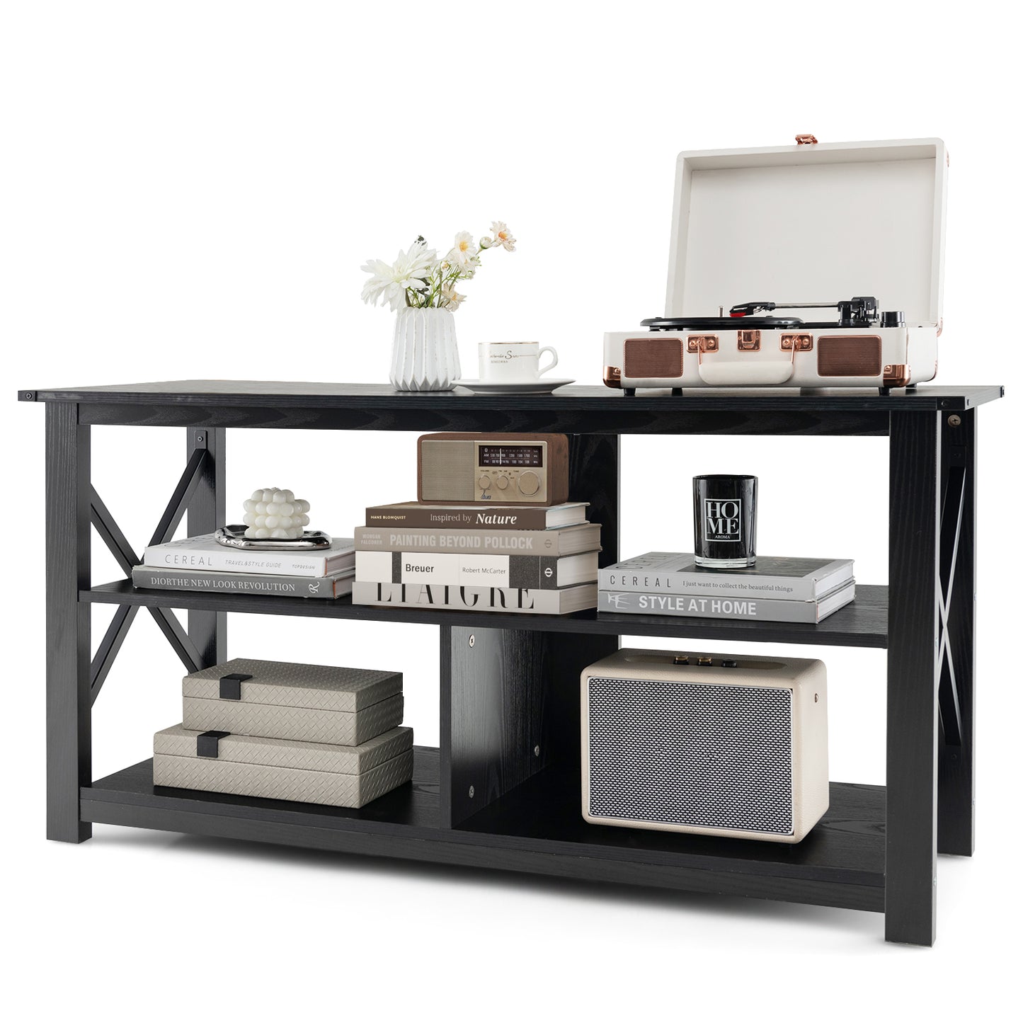 3 Tier Wooden TV Stand with Open Storage and Metal Frame for TVs up to 55 Inches - Black